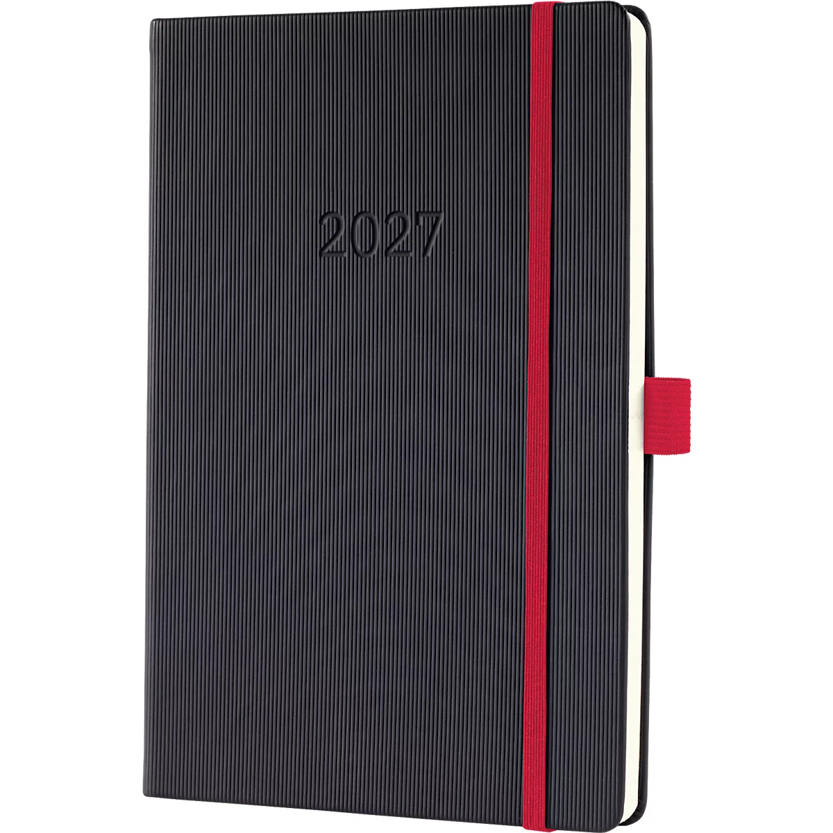 Dunkelblaues Notizbuch mit rotem Gummiband, Aufschrift '2027'.