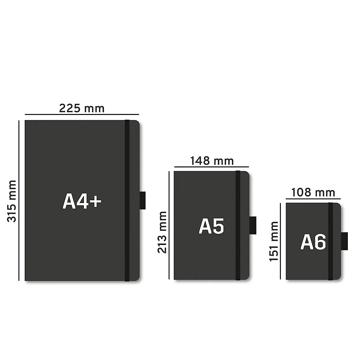 Drei schwarze Notizbücher verschiedener Größen (A4+, A5, A6) mit Maßangaben und Gummibandverschluss.