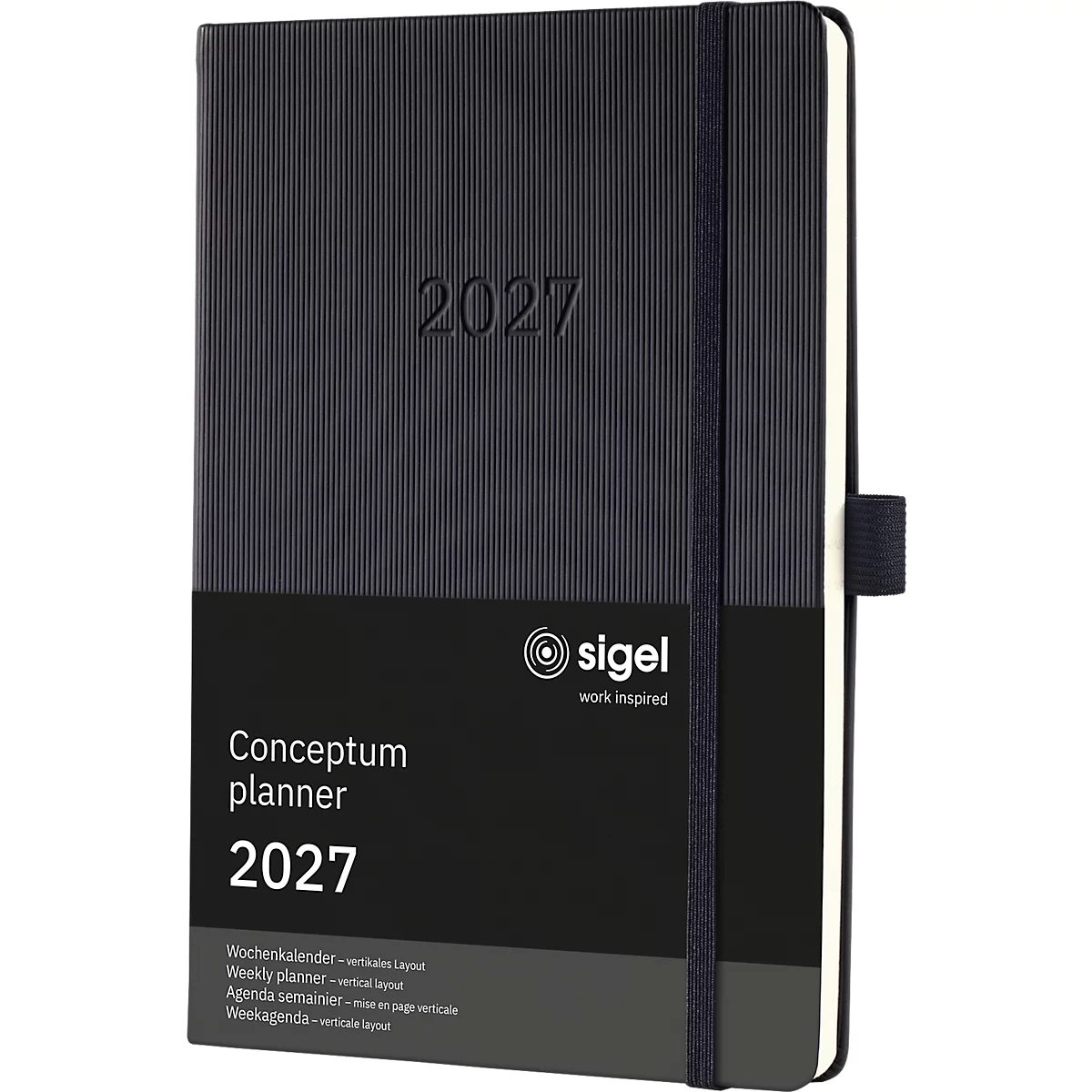 Dunkelblauer Terminkalender mit Prägung "2027". Schwarzes Band mit Halterung. Unten schwarzer Streifen mit "Conceptum planner" und Logos.