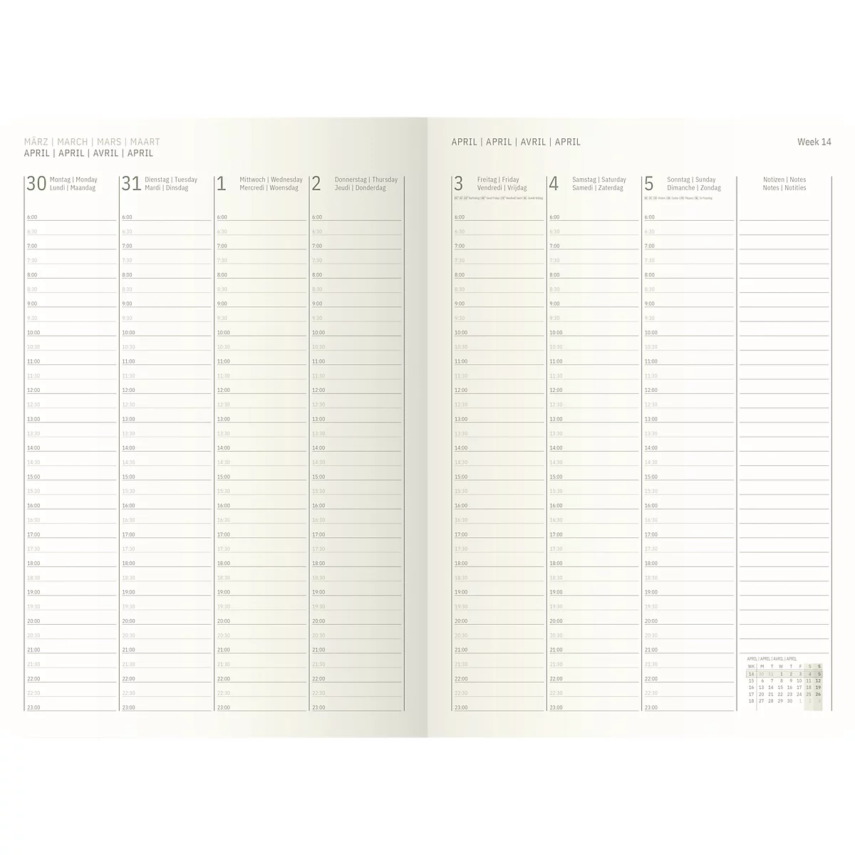 Doppelseite eines Wochenplaners. Auf der linken Seite sind die Tage 30. und 31. April, auf der rechten Seite die Tage 3., 4. und 5. April.