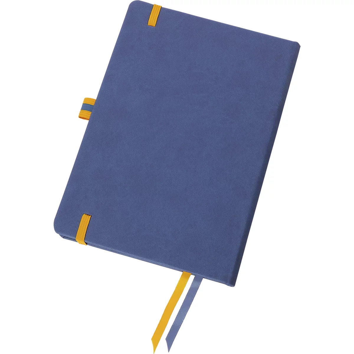 Blaues Notizbuch mit gelben Lesezeichen und Verschluss. Detailaufnahme.