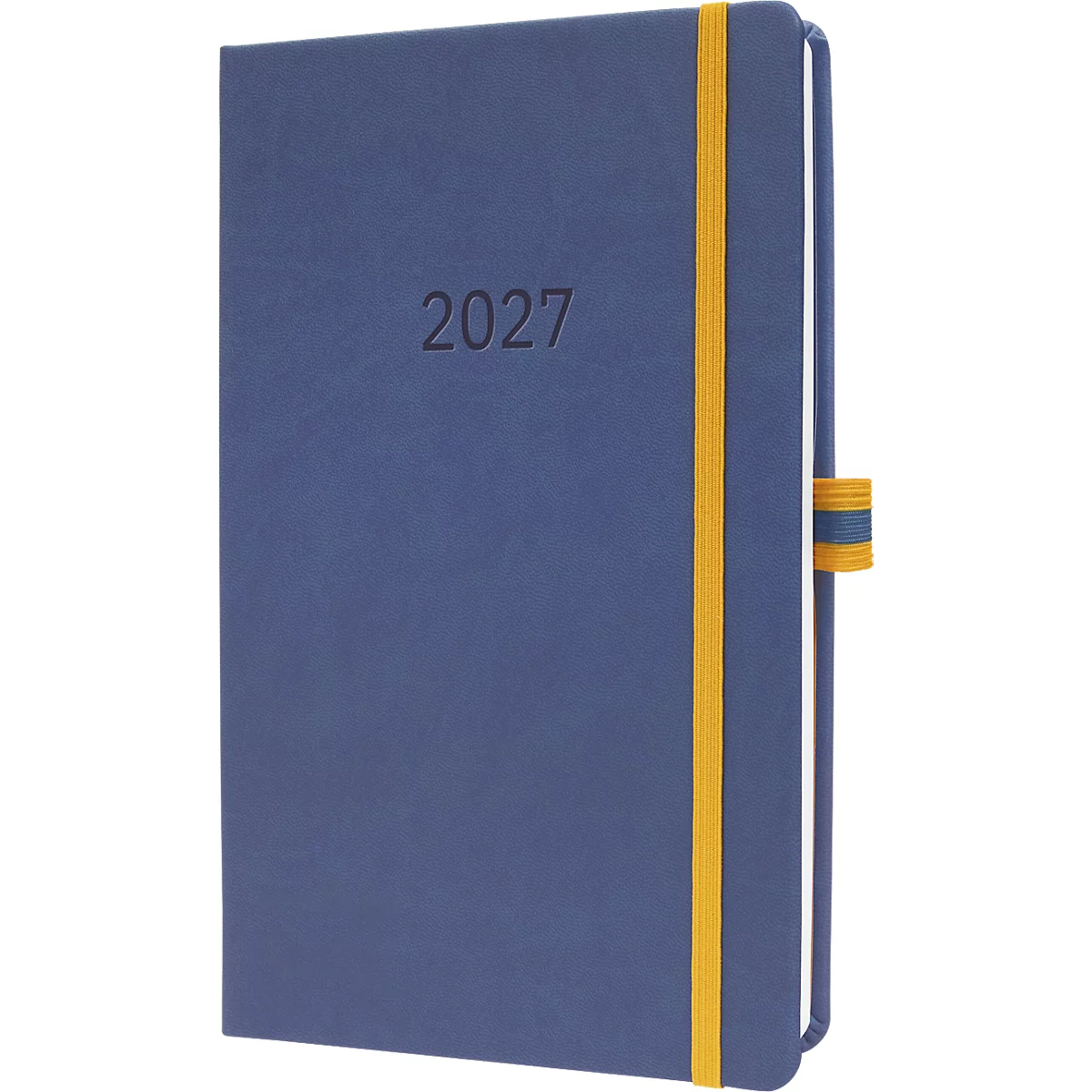 Blaues Notizbuch mit Jahreszahl 2027. Gelber Gummiband-Verschluss.
