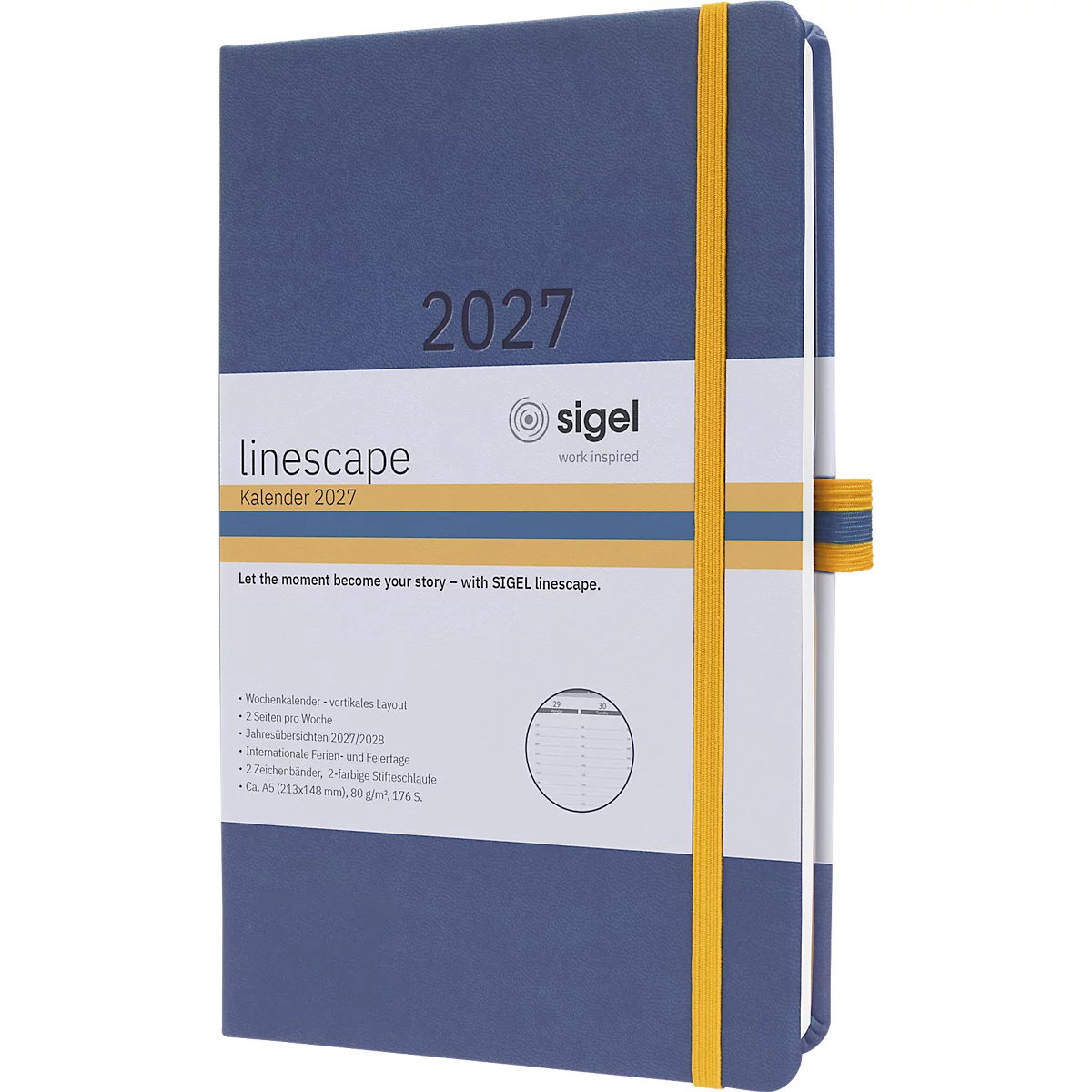 Blaues Notizbuch mit Jahreszahl 2027 und gelbem Gummiband. Auf dem Cover 'linescape' und 'sigel' Schriftzug.