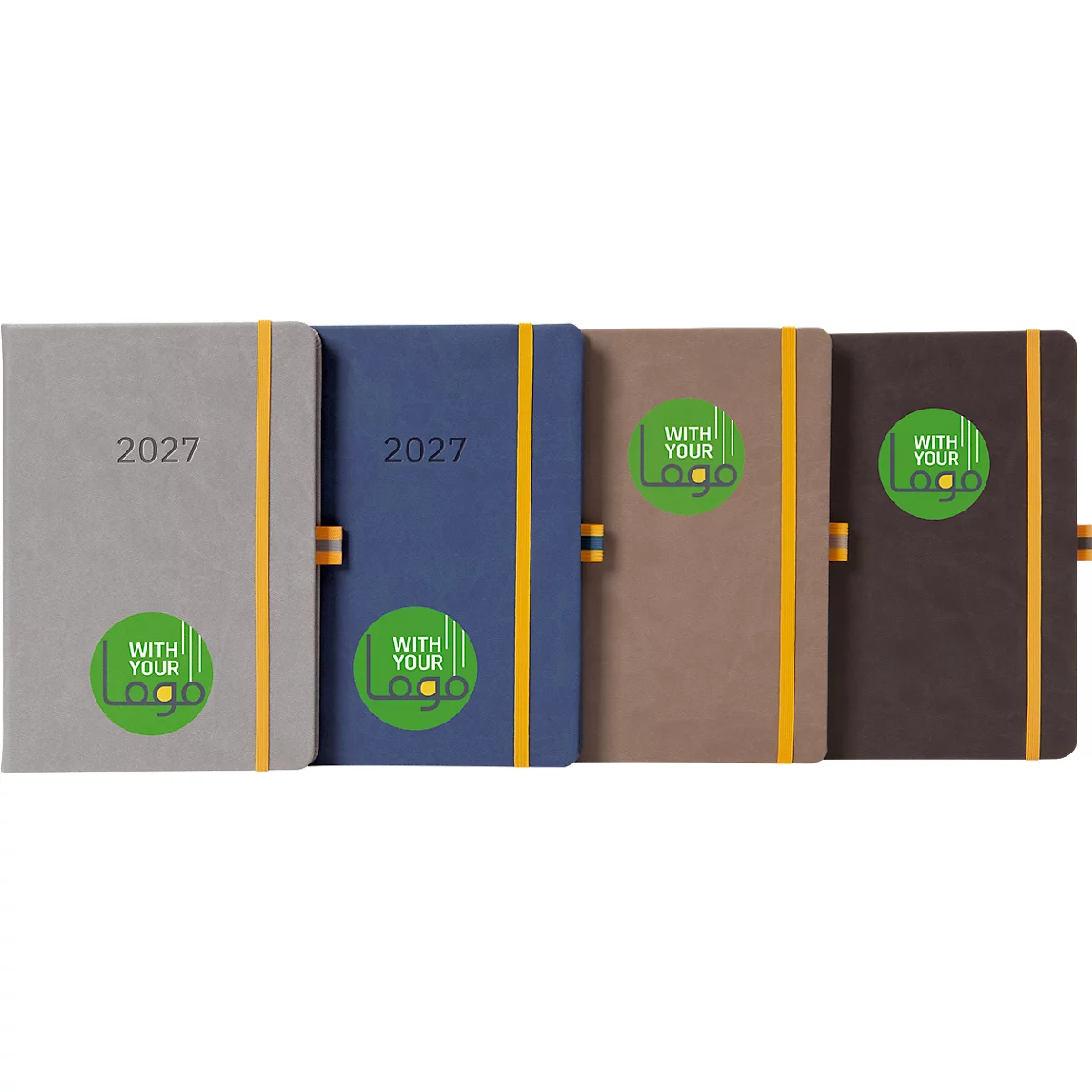 Vier Notizbücher nebeneinander, grau, blau, braun und dunkelbraun. Aufdruck: 2027 und Logo.