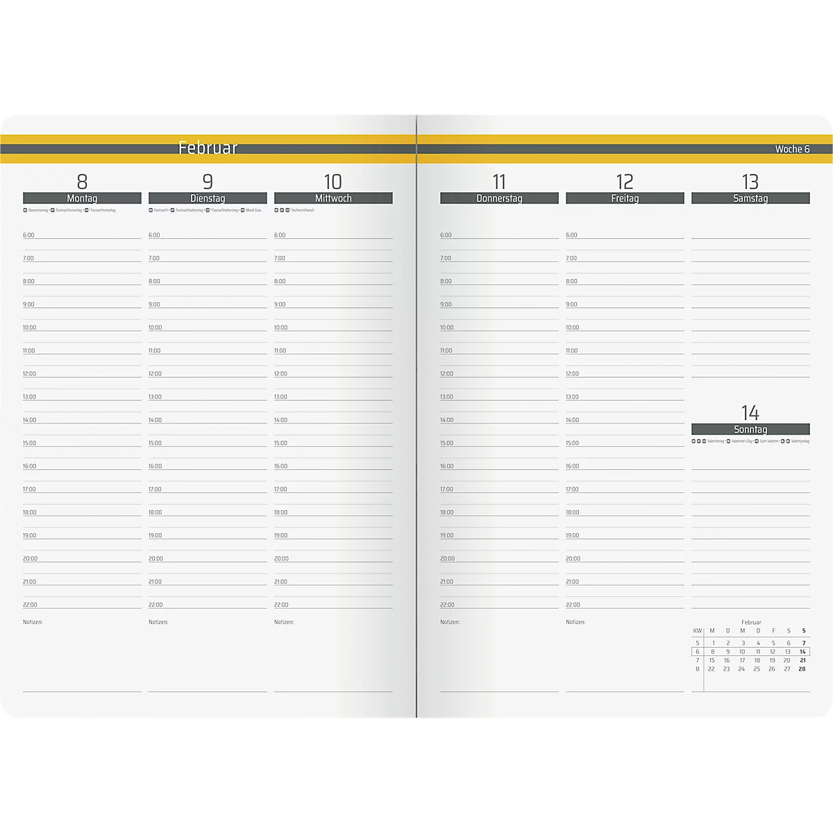 Ein offenes Notizbuch mit Kalenderseiten für die Woche vom 8. bis 14. Februar, mit Tageseinteilung und Monatsübersicht.