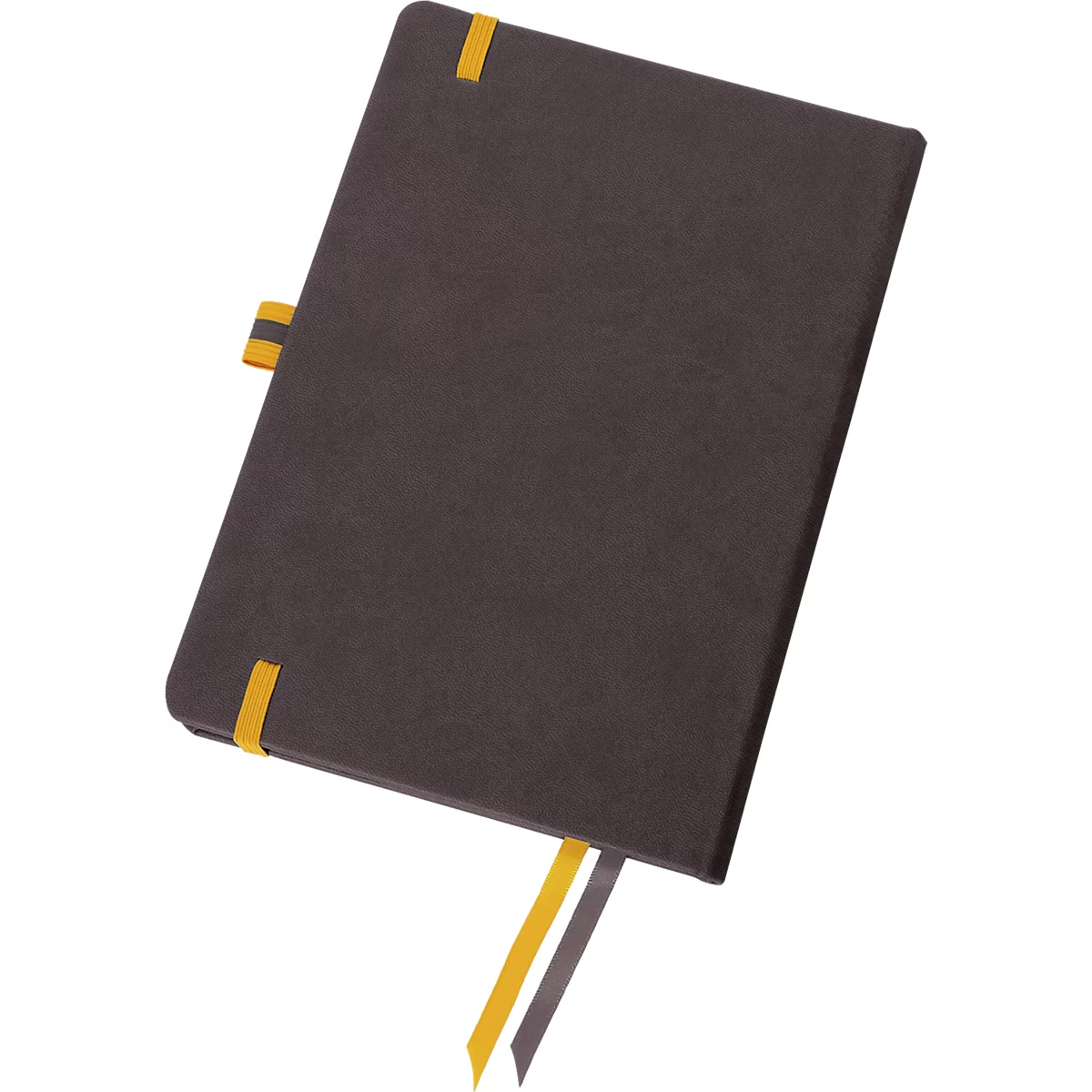 Dunkelbraunes Notizbuch mit gelben Lesezeichen und Gummibändern.