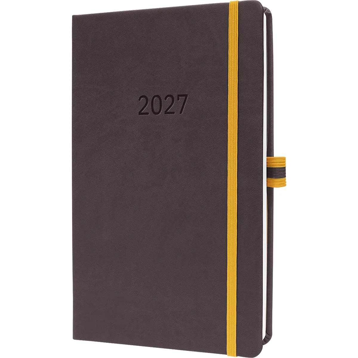 Braunes Notizbuch mit Jahreszahl 2027 und gelbem Gummiband.