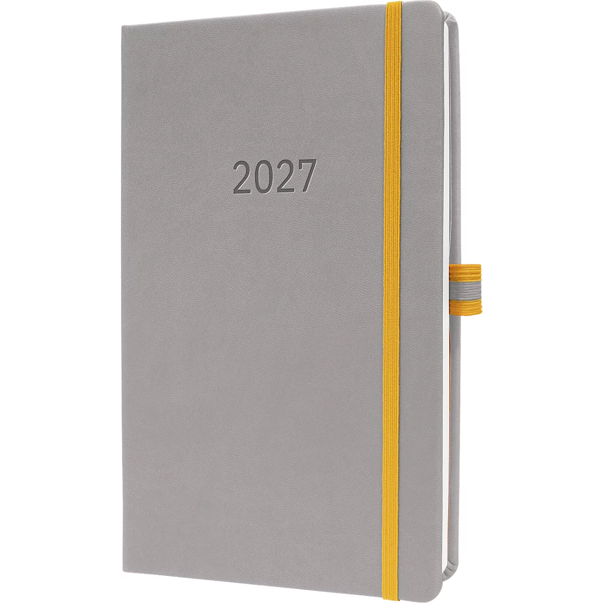 Graues Notizbuch mit dem Schriftzug „2027“ und gelbem Gummiband.