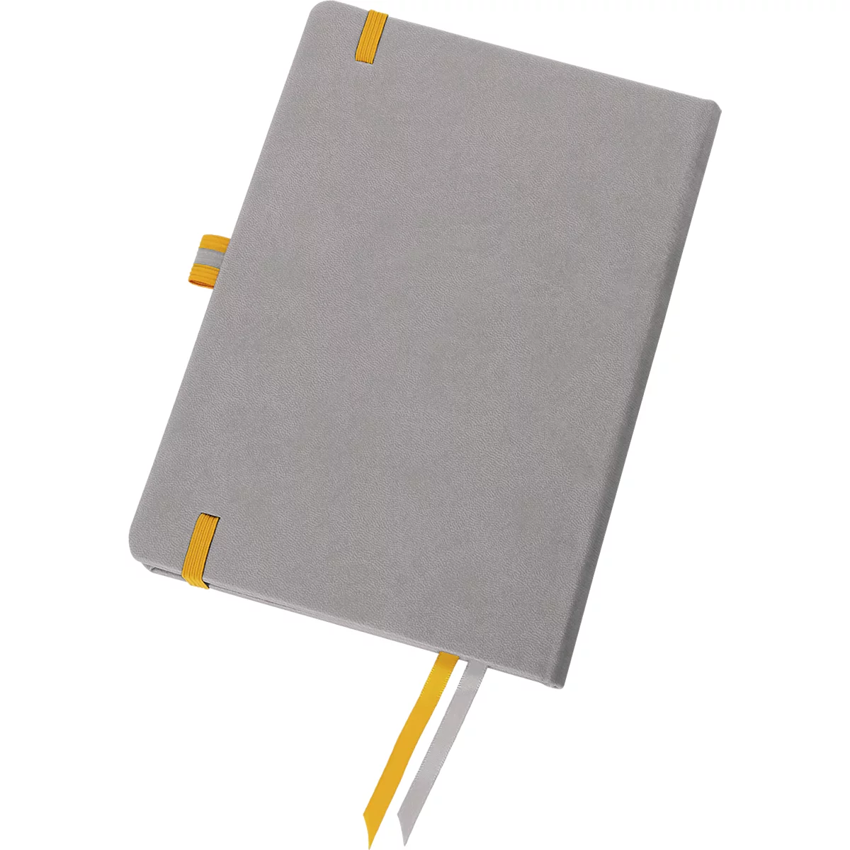 Graues Notizbuch mit gelben Bändern und einem Stiftband.