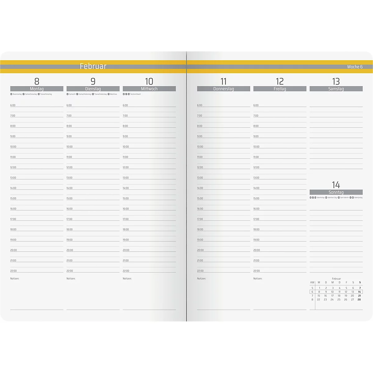 Geöffnete Doppelseite eines Terminkalenders mit grauen Linien für tägliche Notizen. Oben steht Februar.