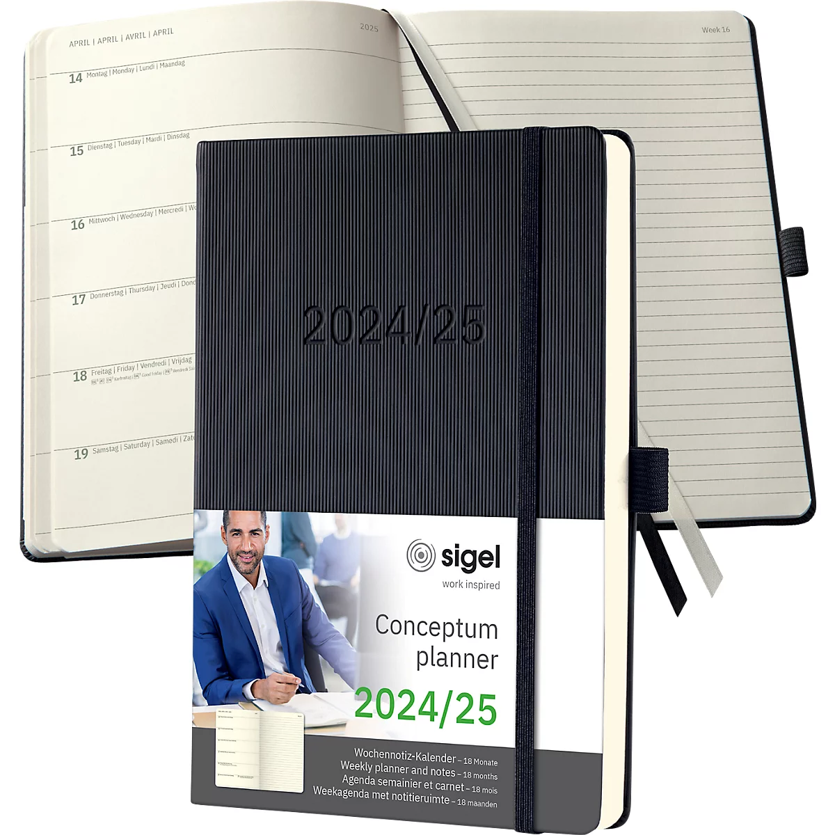 Sigel Wochennotiz-Kalender Conceptum 2024/2025, A5, Hardcover, 256 Seiten, mit Stifteschlaufe & Gummibandverschluss, B 148 x T 23 x H 213 mm, schwarz
