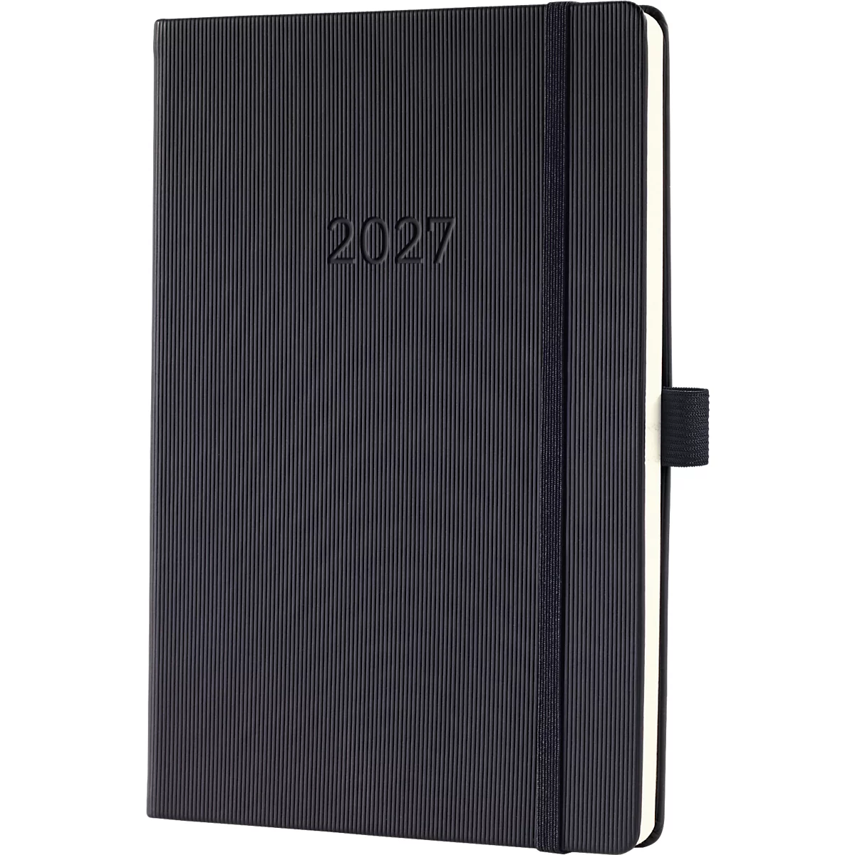 Dunkelblaues Notizbuch mit Jahreszahl 2027. Das Cover hat eine gerillte Struktur, einen schwarzen Gummizug und einen Stifthalter.