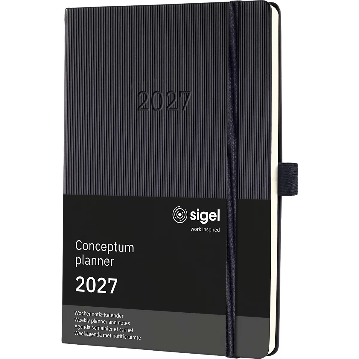 Dunkelblauer Terminkalender mit Prägung 2027. Schwarzes Gummiband und Verschluss. Marke SIGEL. Aufschrift Conceptum planner.