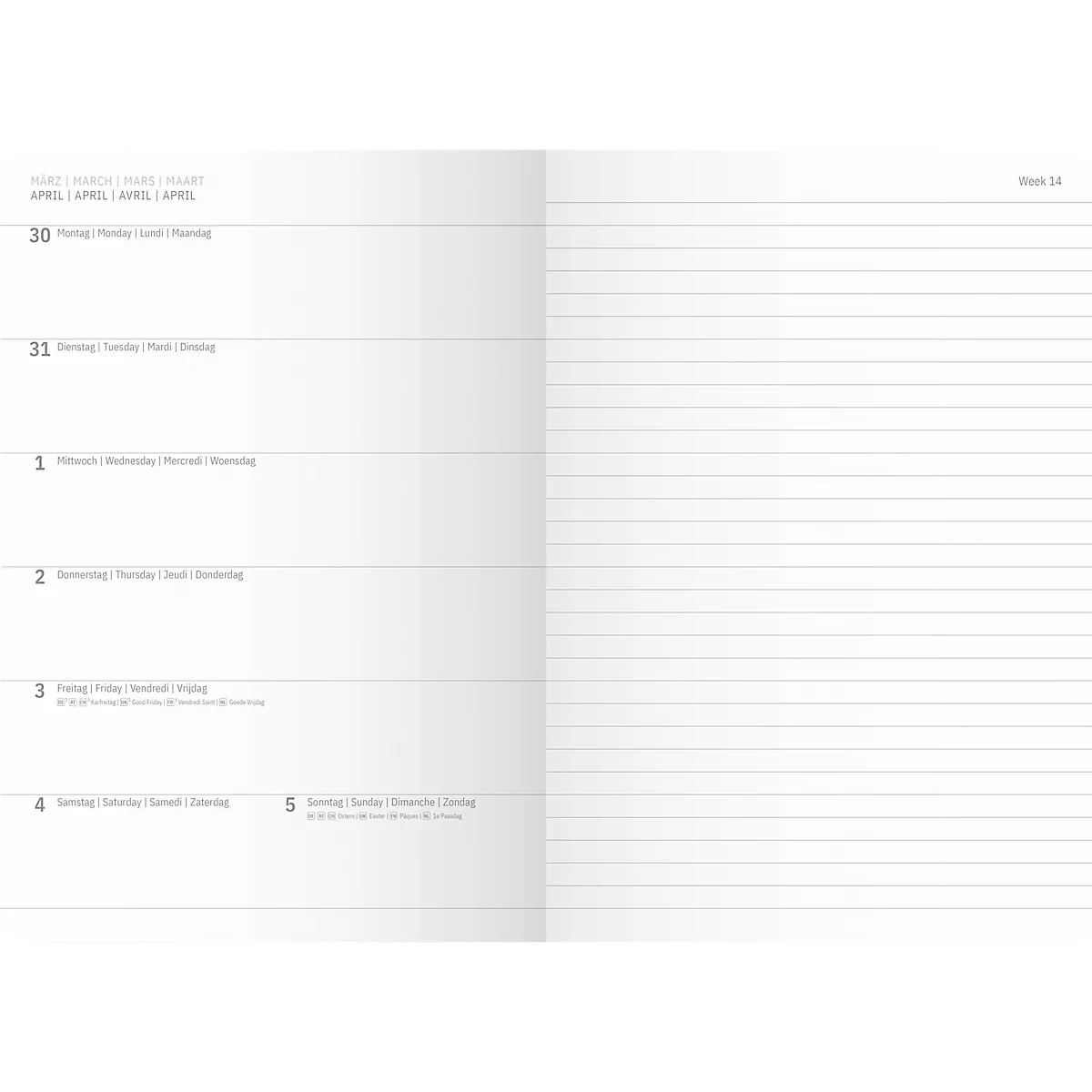 Geöffnete Doppelseite eines Wochenplaners. Links Datumsanzeige, rechts liniertes Notizpapier.