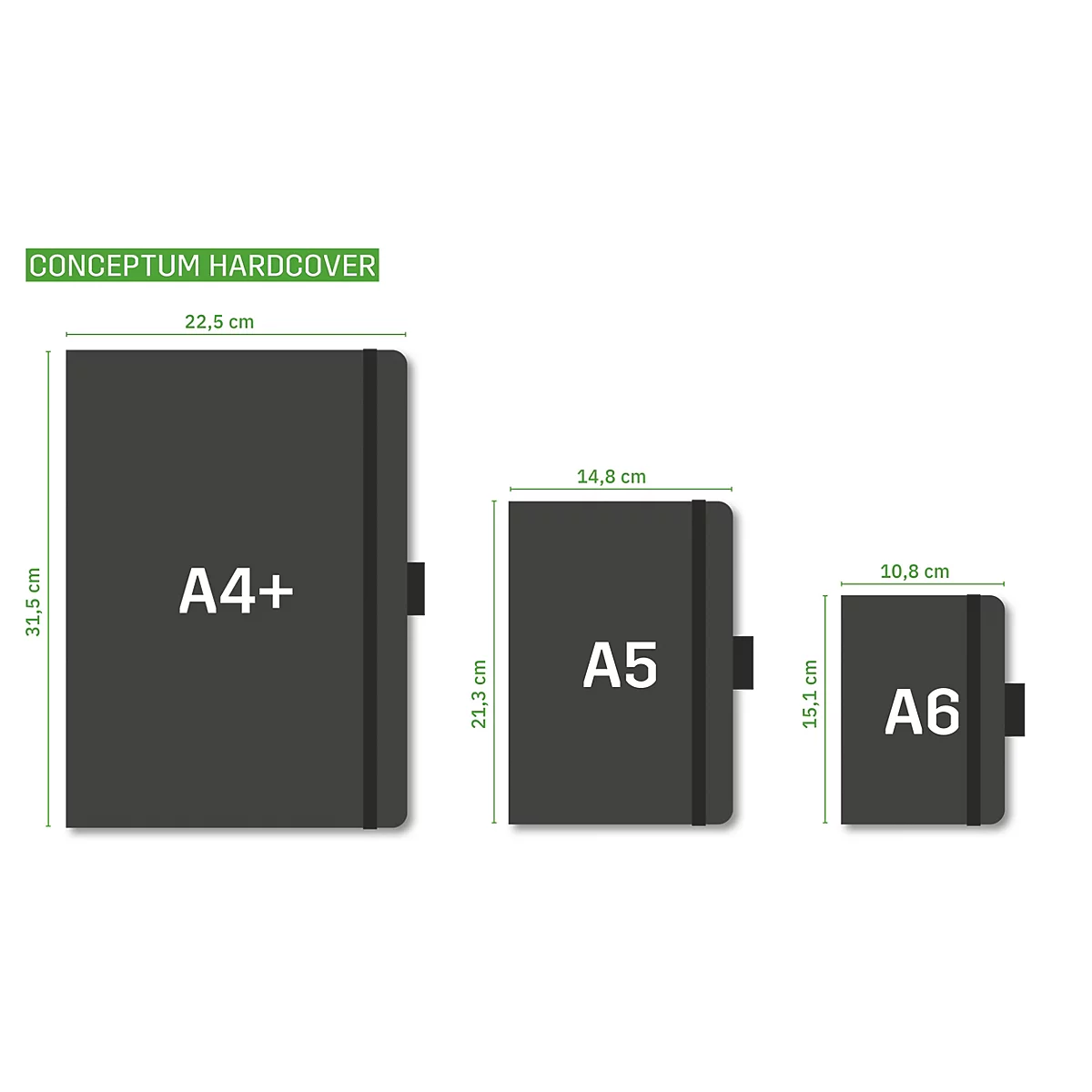 Drei schwarze Notizbücher in A4+, A5 und A6 Formaten mit Größenangaben und Gummibändern.