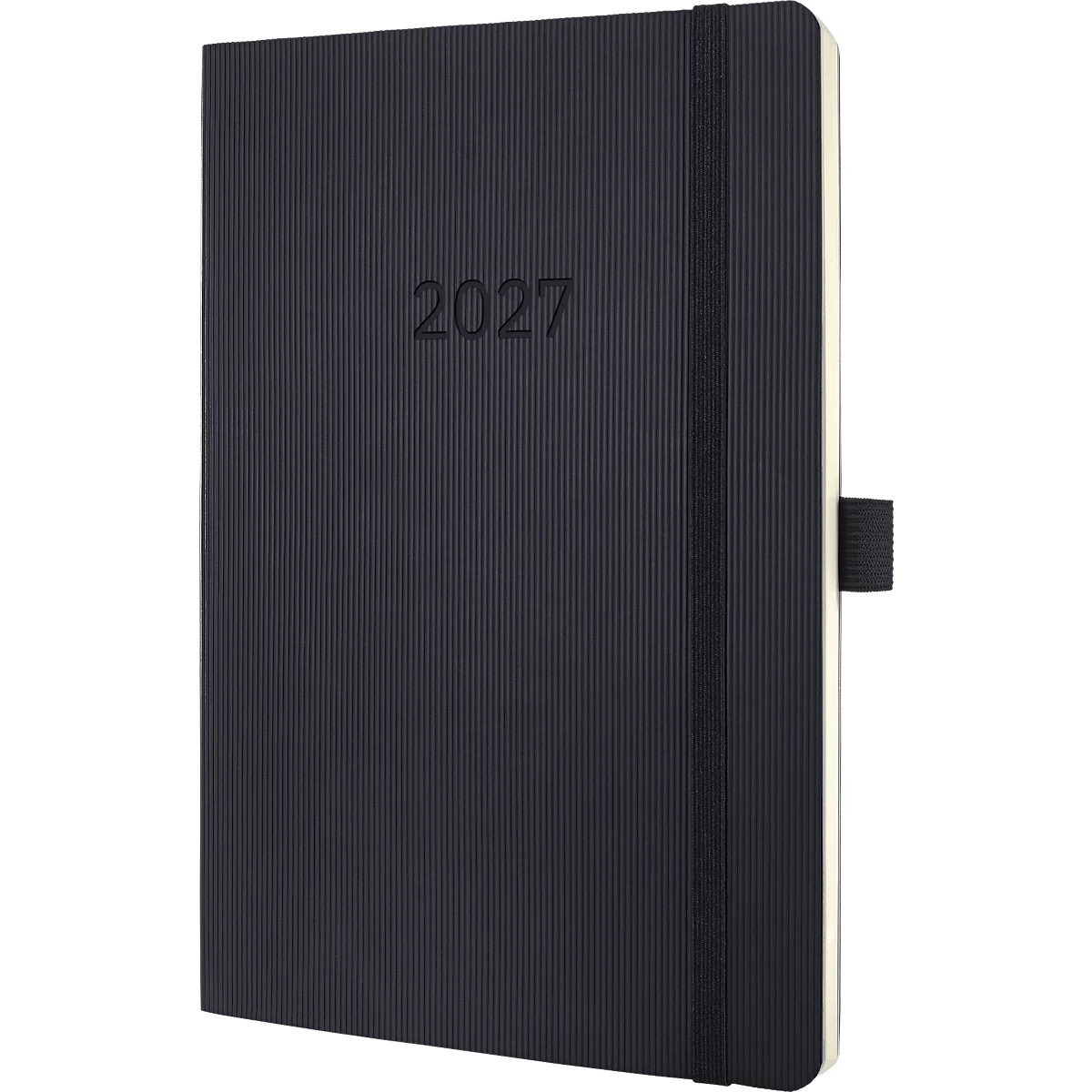Schwarzes Notizbuch mit Jahreszahl 2027 und Gummiband.