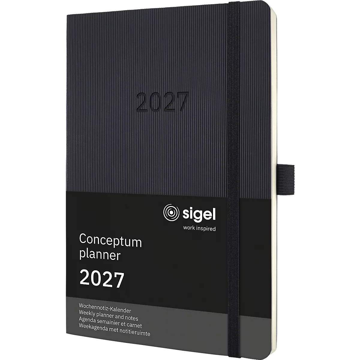 Dunkelblauer Terminkalender mit Prägung 2027, Gummiband, schwarzem Streifen, Schriftzug "Conceptum planner 2027".