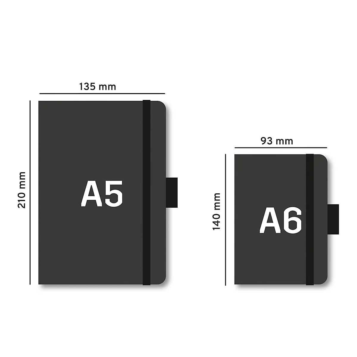 Zwei schwarze Notizbücher (A5 und A6) mit Gummiband und Größenangaben (mm).