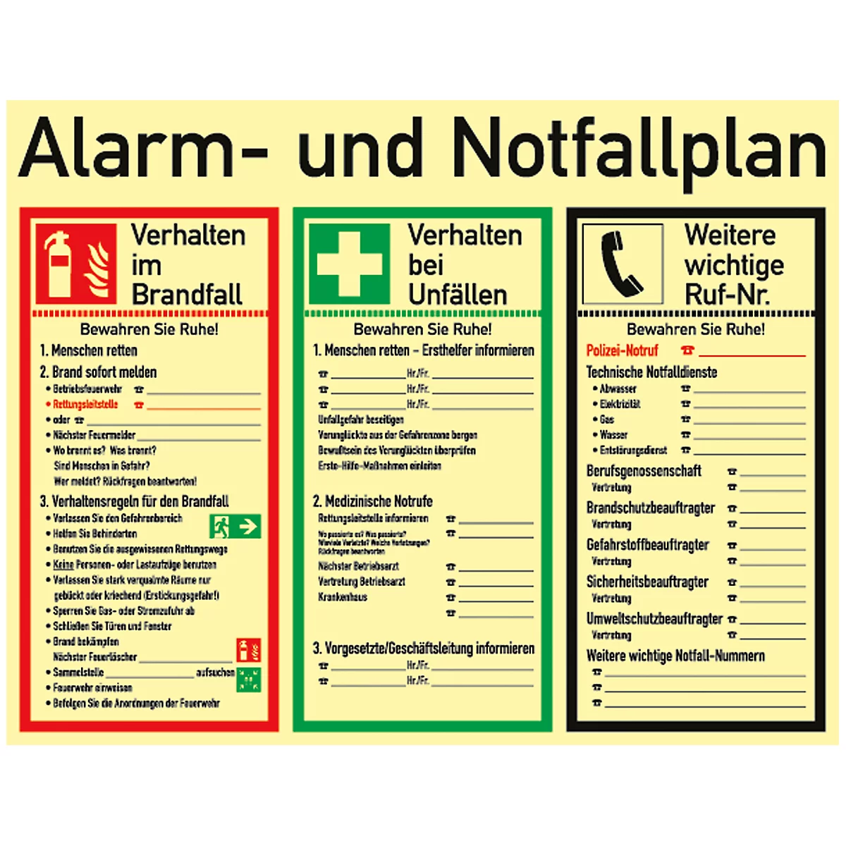 Emergency plan with a red fire extinguisher, green cross, and phone symbol, each with instructions for emergencies.