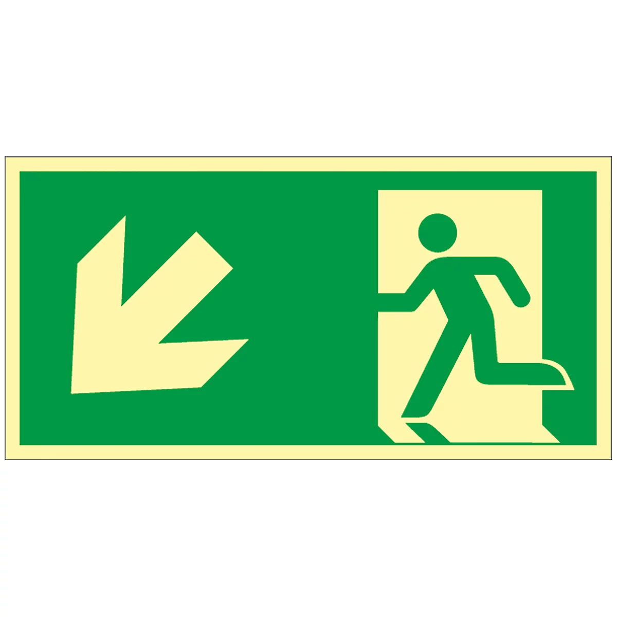 Green emergency exit sign. Arrow points down and left, figure running through door to the right.