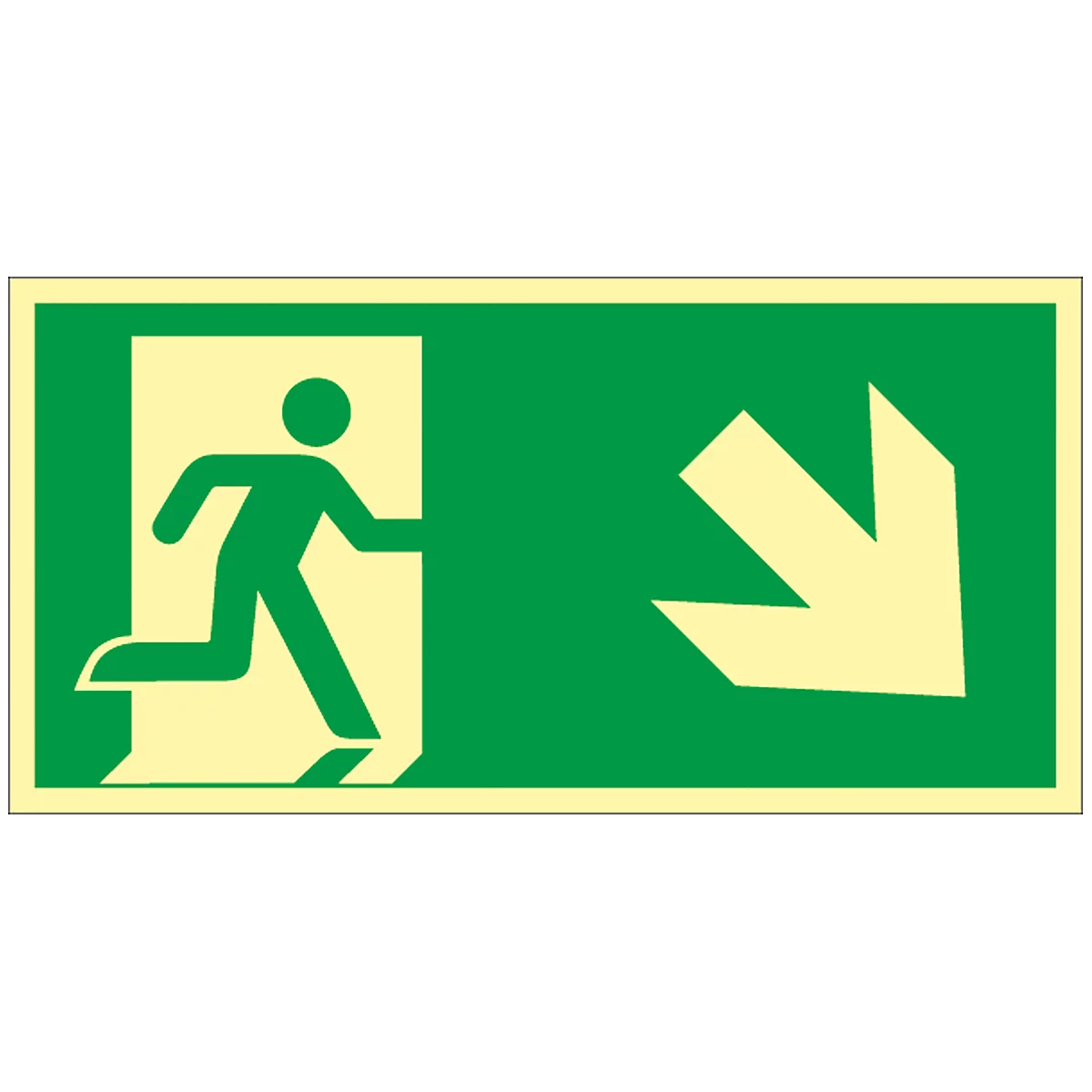 Green emergency exit sign showing a man running out of a door with an arrow pointing down and to the right.
