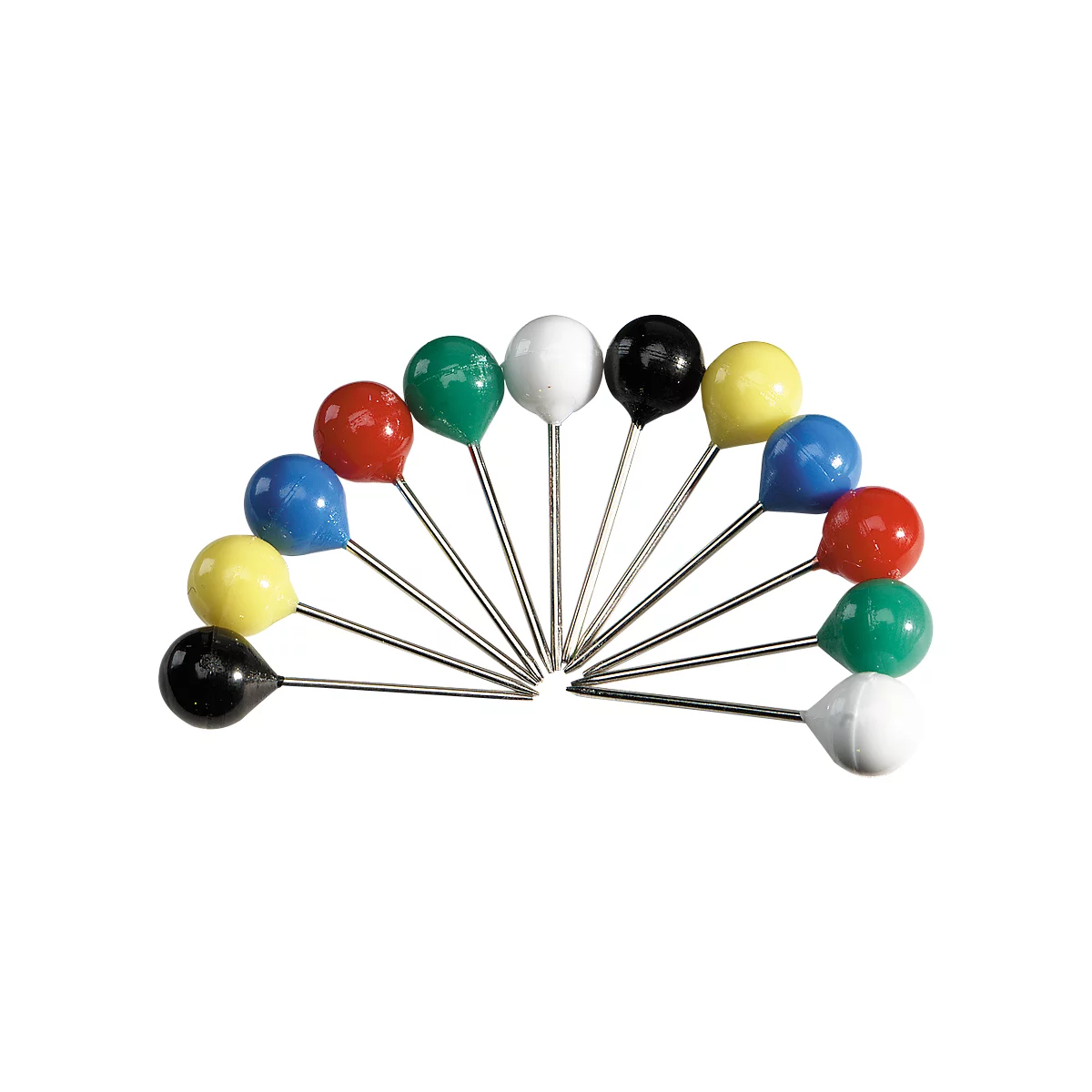 Colorful push pins arranged in a fan shape. Spherical heads in various colors, silver needles.