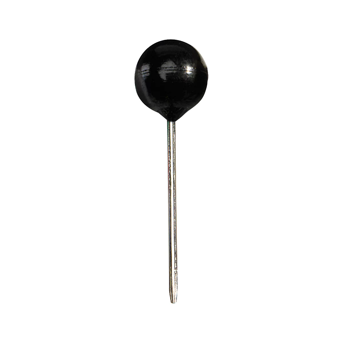 Black, spherical thumb tack with silver pin.