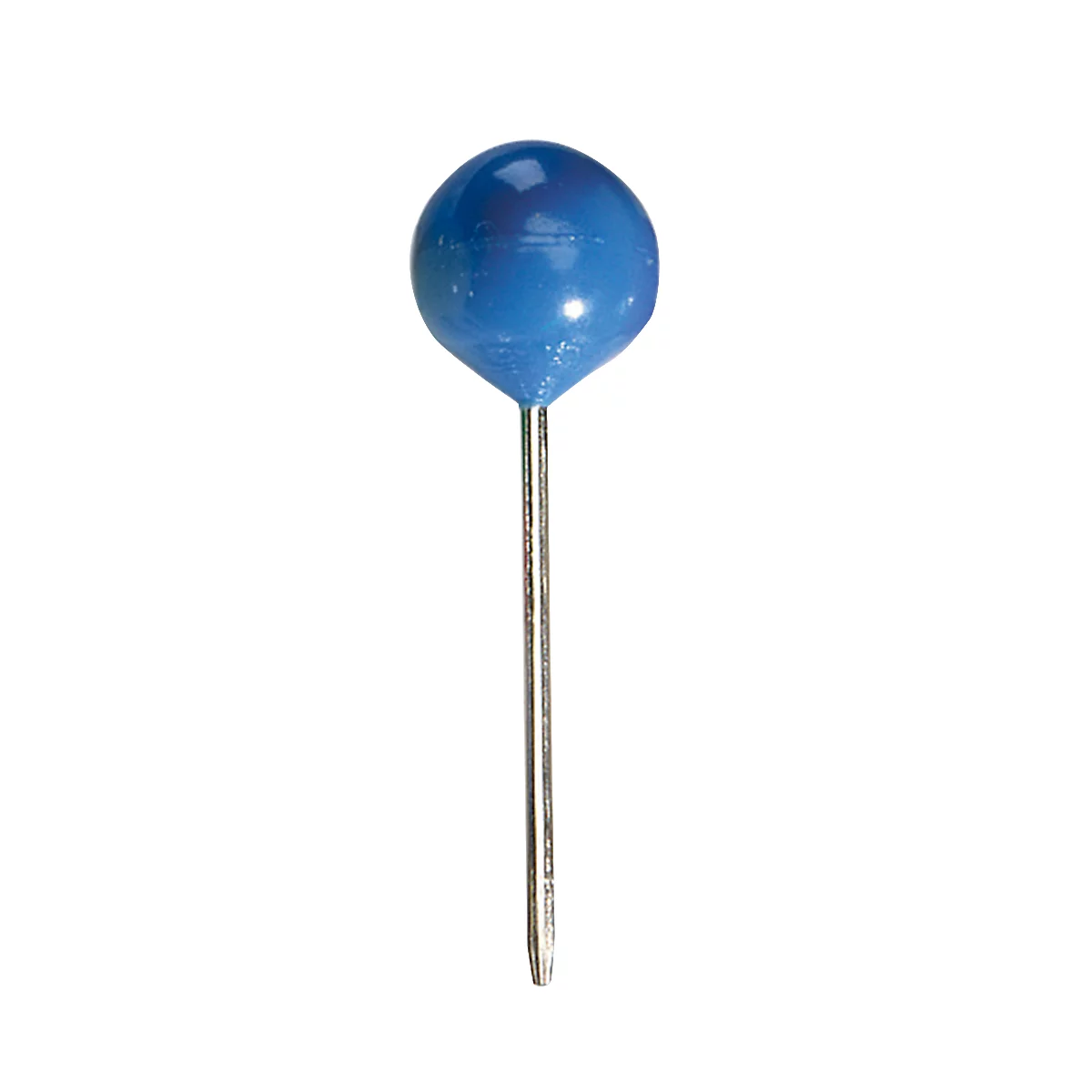 A blue thumbtack with a spherical head on a white background.