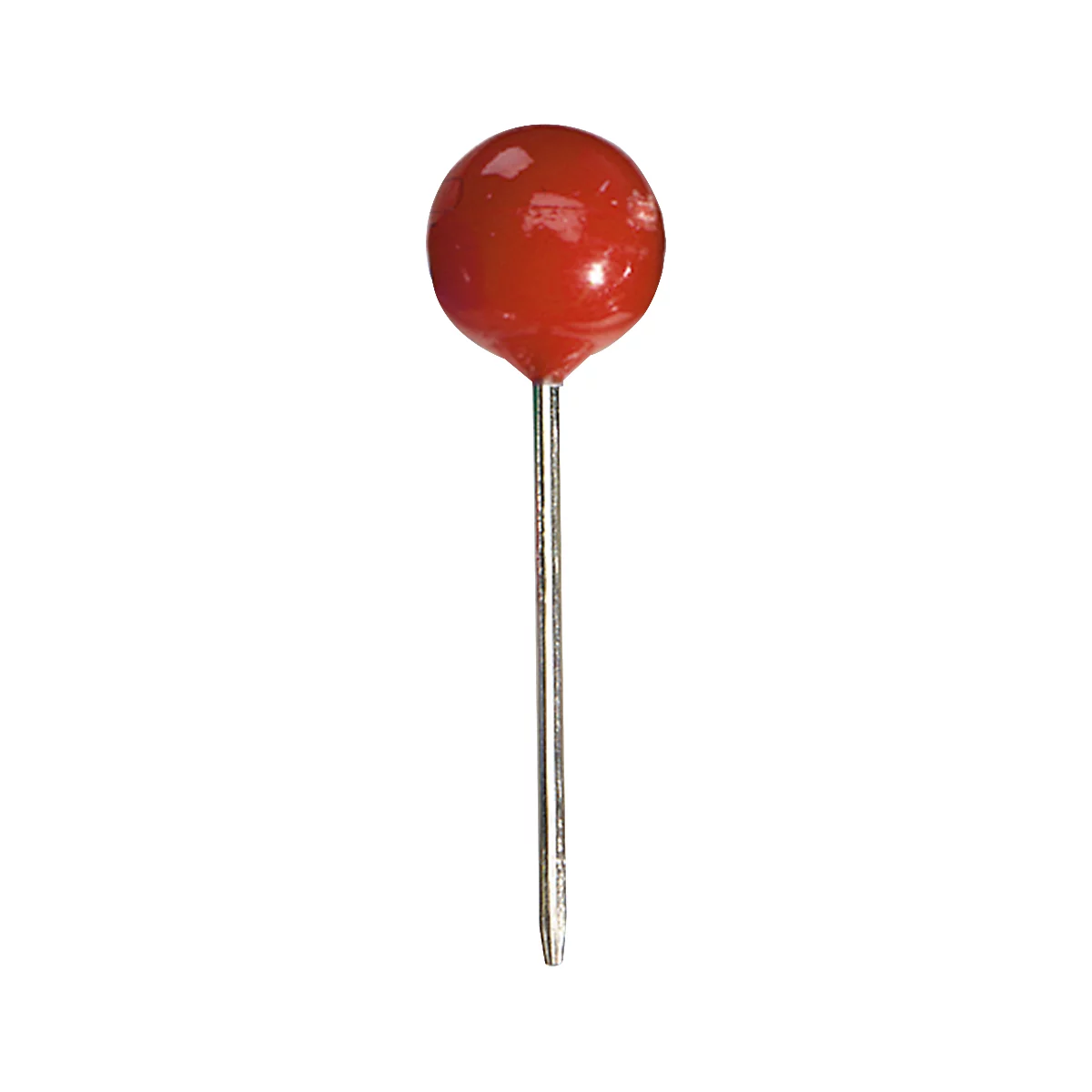 A red push pin with an oval head and a silver shaft.
