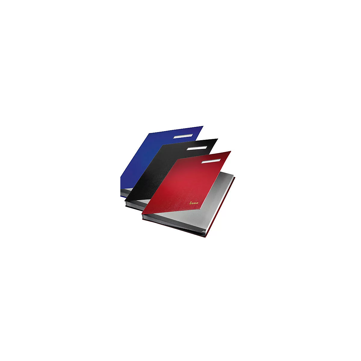 Trois cahiers, bleu, noir et rouge, disposés en chevauchement. Le cahier rouge est ouvert.