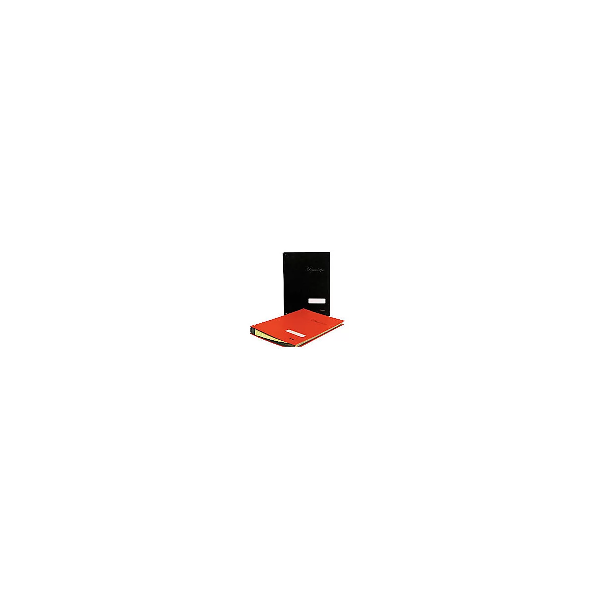 Deux dossiers ; un rouge, un noir, sur fond blanc. Tous deux avec écriture et étiquettes.