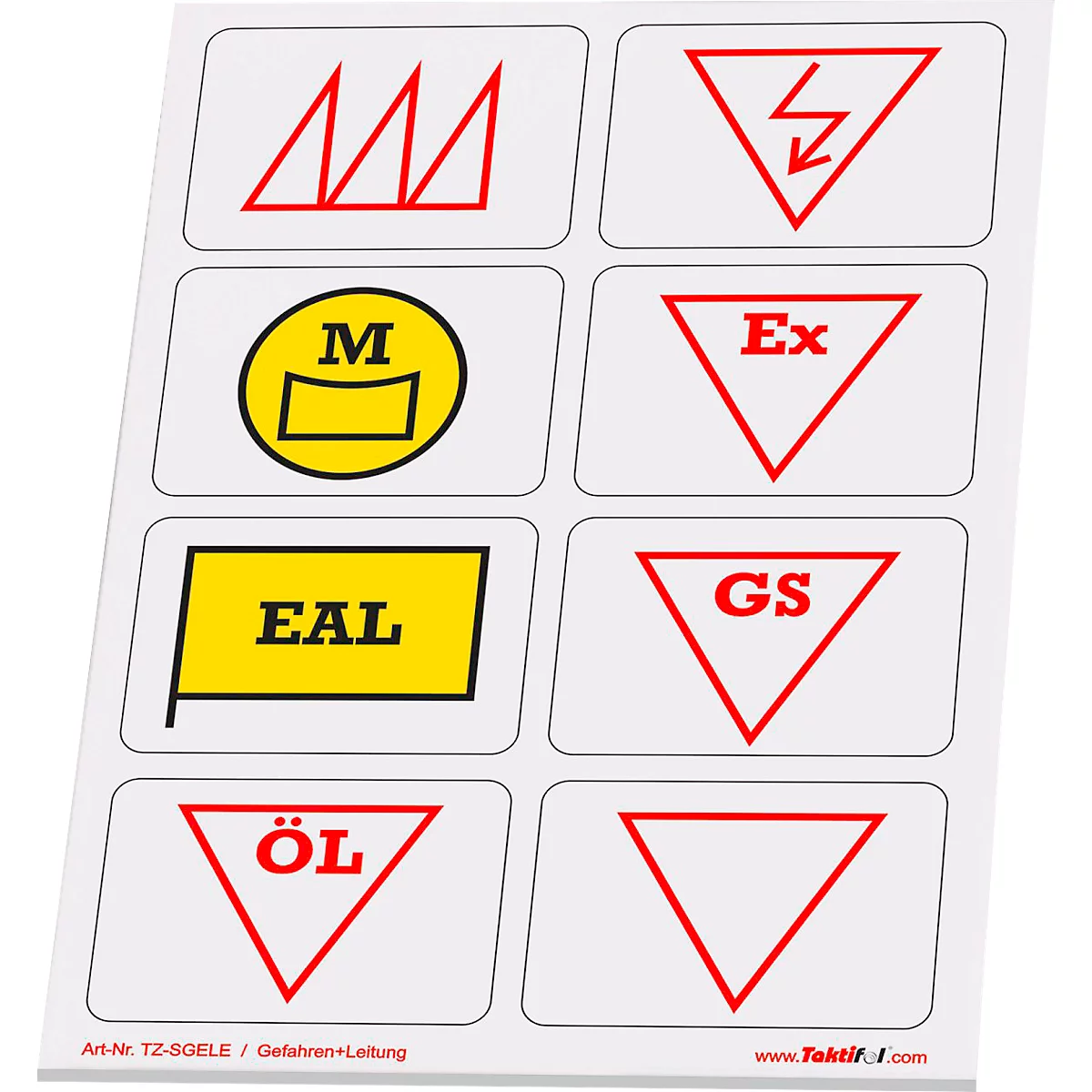 Autocollant avec différents symboles d'avertissement rouges, dont un éclair, des triangles et des lettres.
