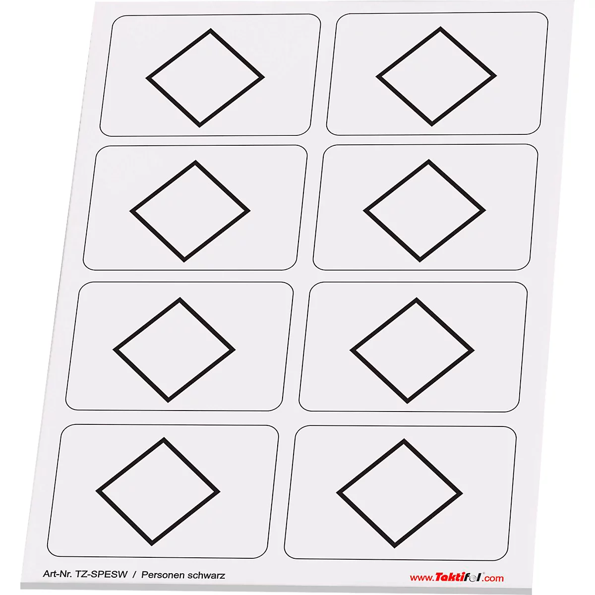 Huit cartes rectangulaires avec un losange noir sur fond blanc. En bas, il est écrit "Art-Nr: TZ-SPESW / Personen schwarz".