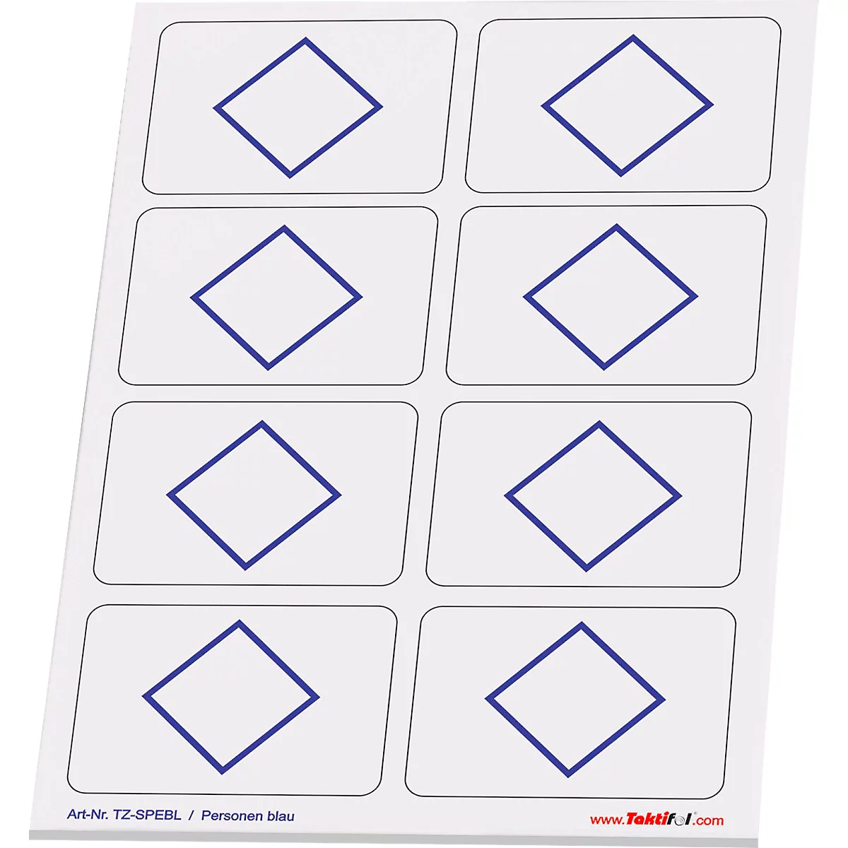 Huit cartes blanches avec des losanges bleus, disposées en deux rangées de quatre. Texte en bas.