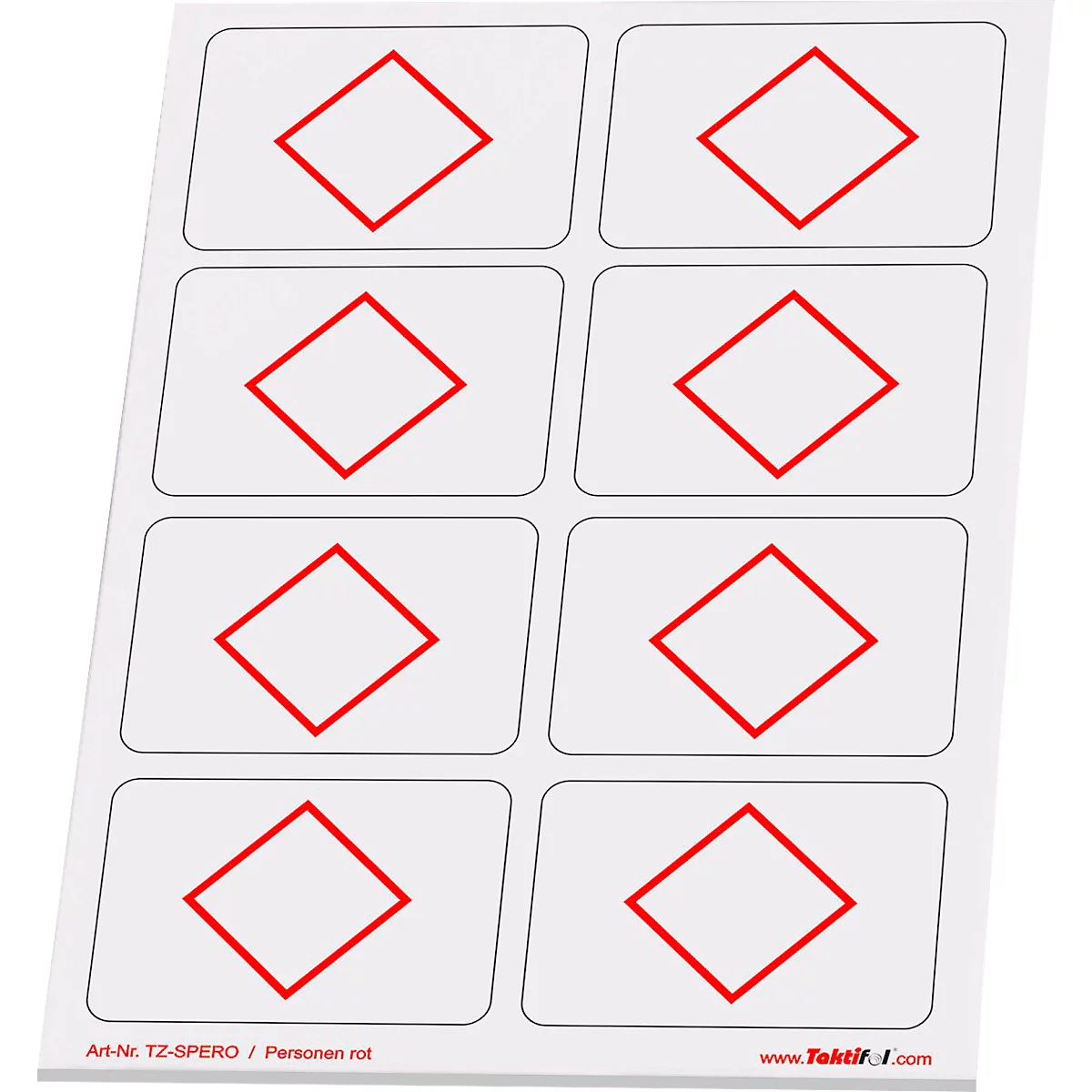 Une feuille de huit rectangles avec un losange rouge au centre, portant la mention "Art-Nr. TZ-SPERO / Personen rot".
