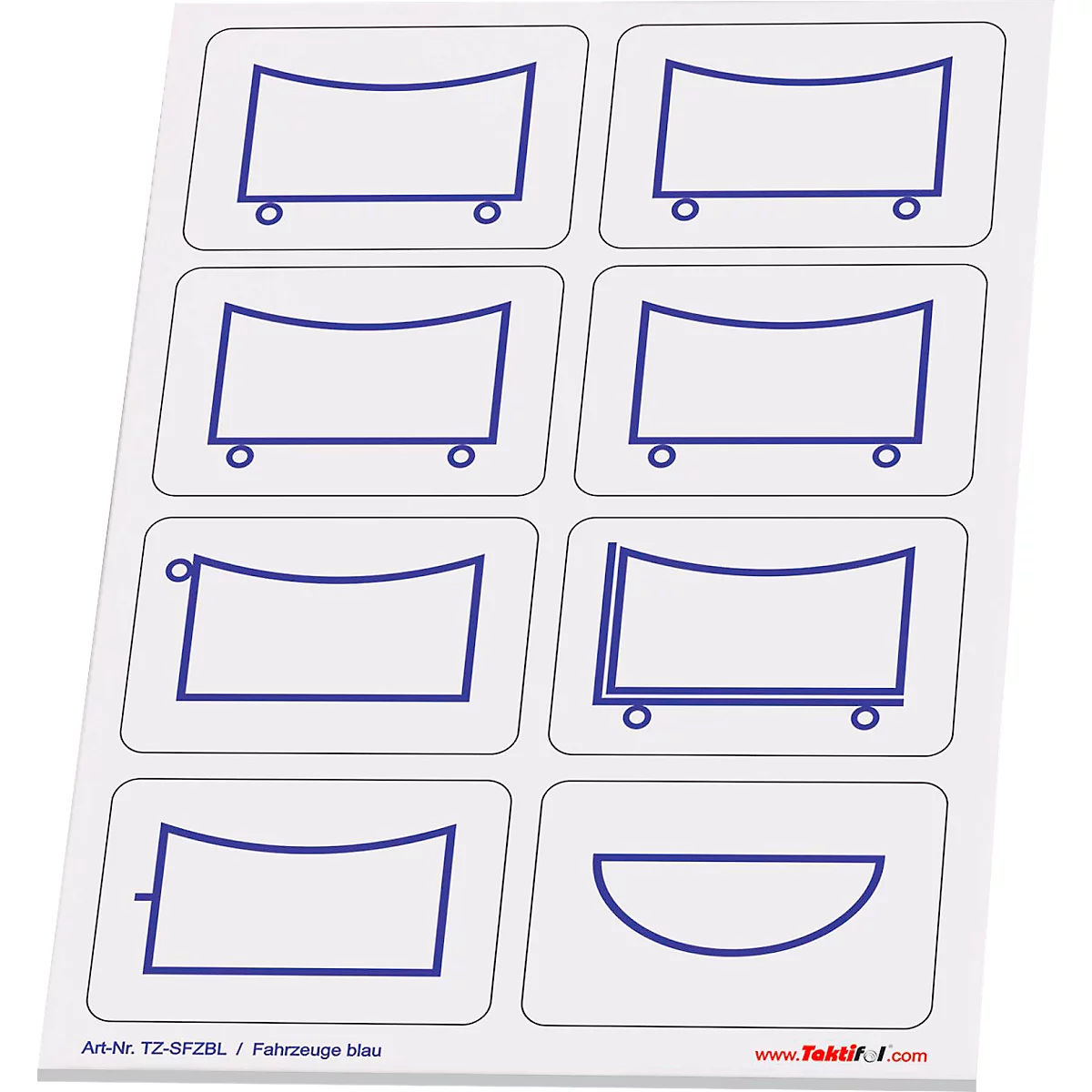 Une planche d'autocollants avec des véhicules bleus sur fond blanc. Les formes sont différentes.