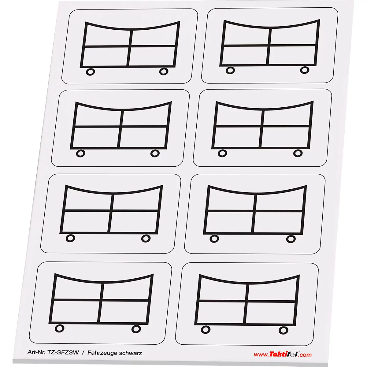 Autocollant avec des symboles de wagons bordés de noir. Sur le bord, il est écrit 'Art-Nr. TZ-SFZSW / Fahrzeuge schwarz'.