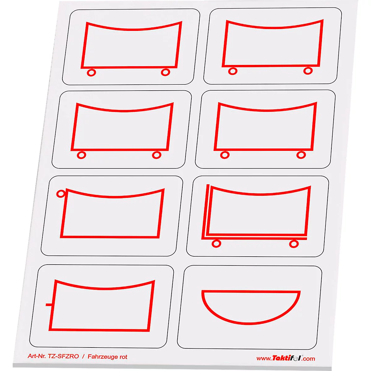 Une étiquette blanche avec huit contours rouges de wagons. En bas se trouve "Art-Nr. TZ-SFZRO / Fahrzeuge rot".