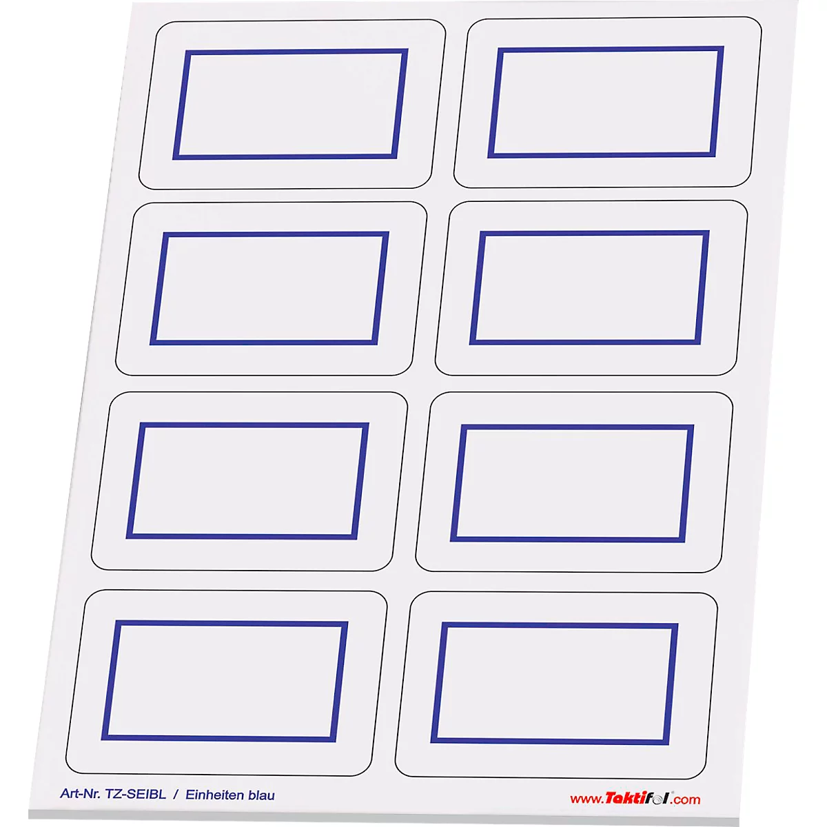 Une feuille d'étiquettes blanche avec huit étiquettes rectangulaires à bordures bleues. En bas est écrit "Art-Nr. TZ-SEIBL / Einheiten blau".