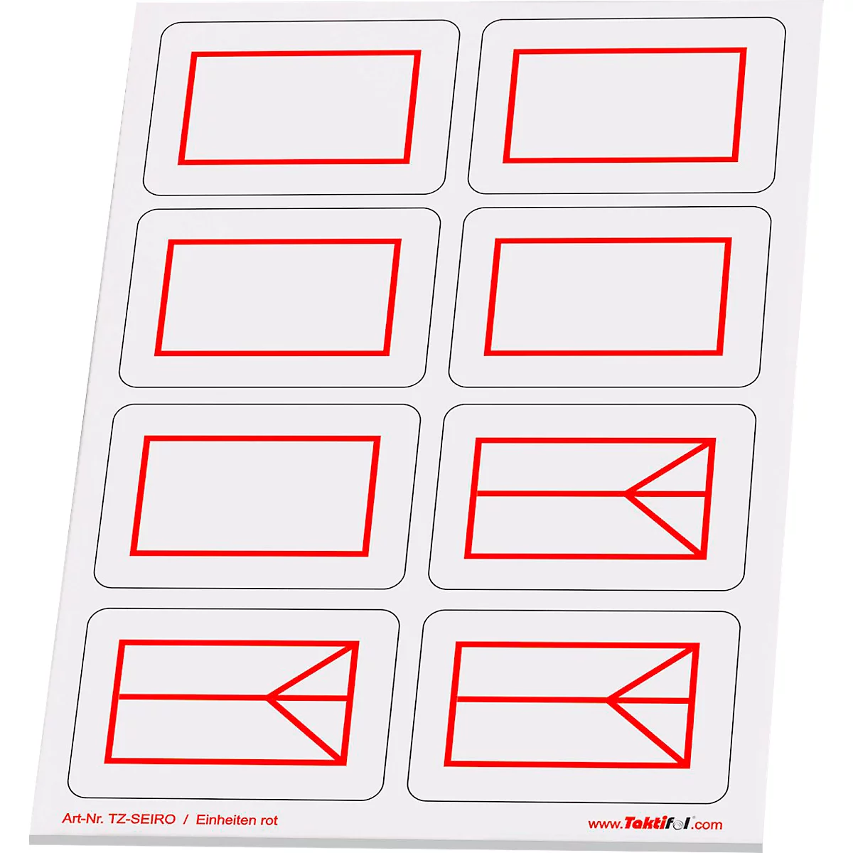 Étiquette blanche avec des contours et symboles rouges, dont des rectangles et des pointes de flèches.