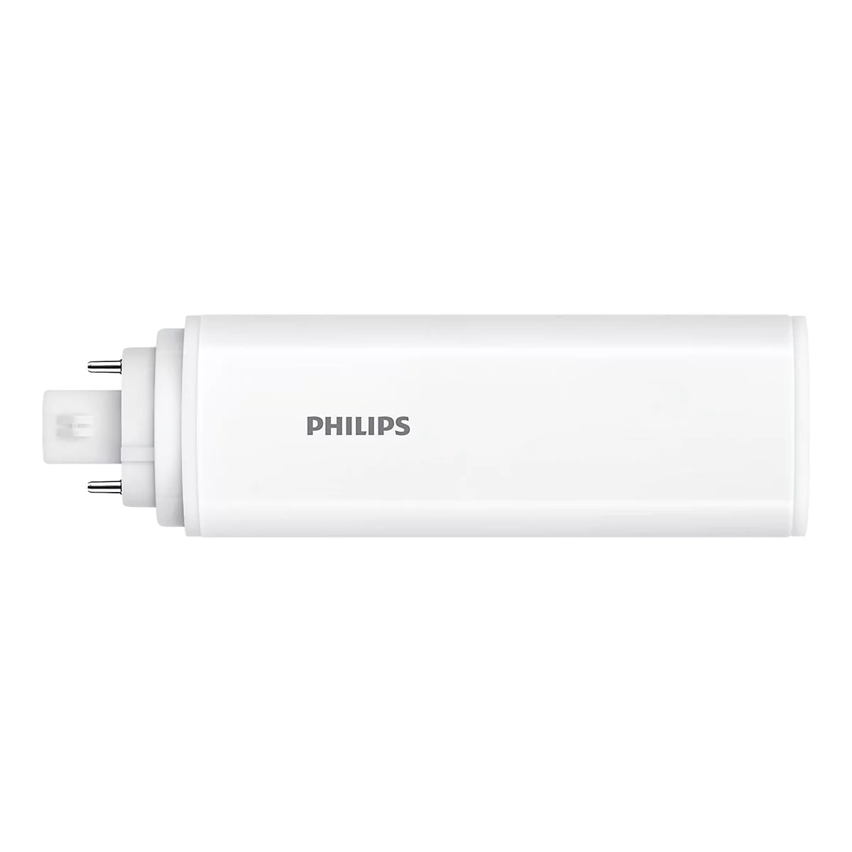 Weiße Philips LED-Lampe mit zweipoligem Sockel auf weißem Hintergrund.