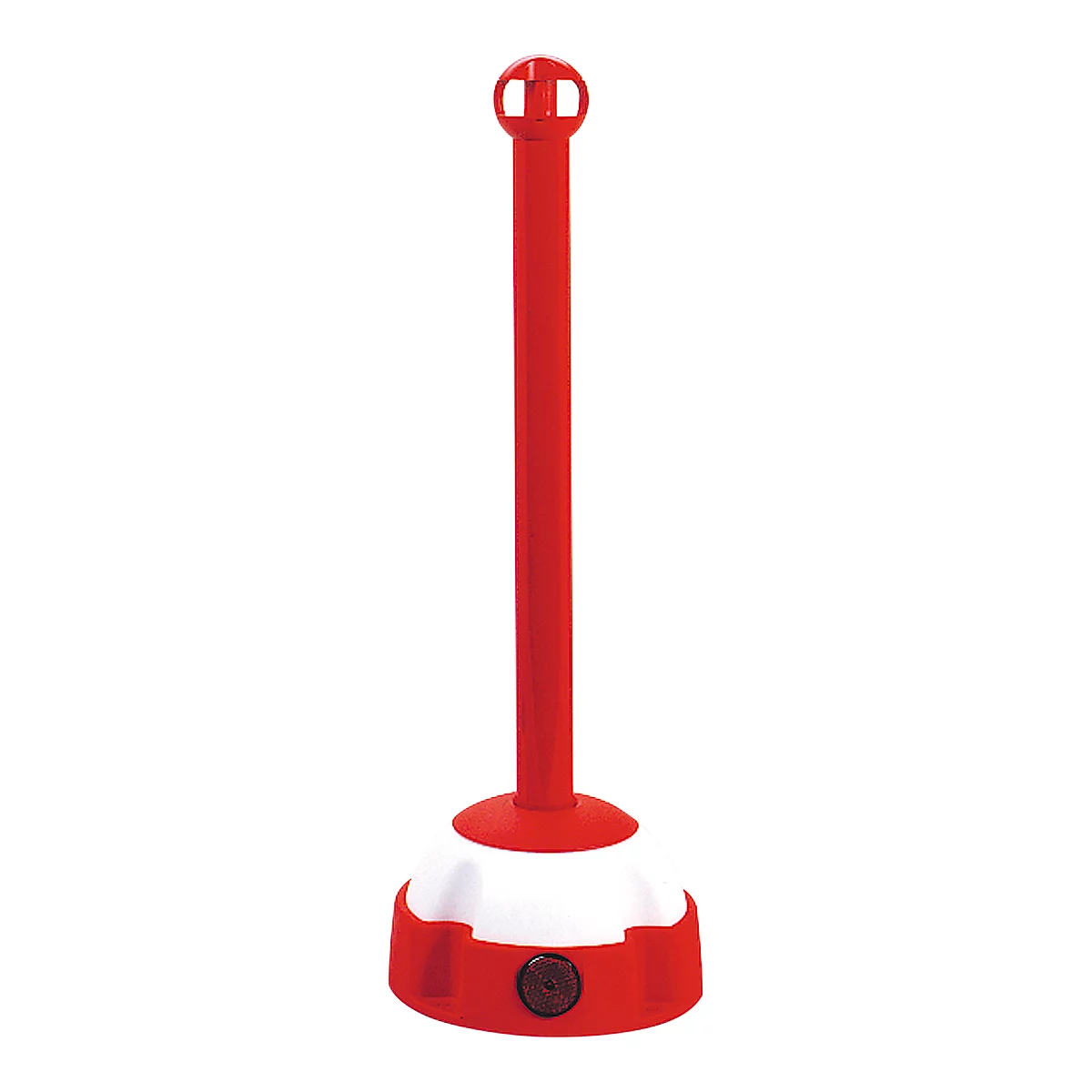 Red bollard on a white-red base. An opening at the head.
