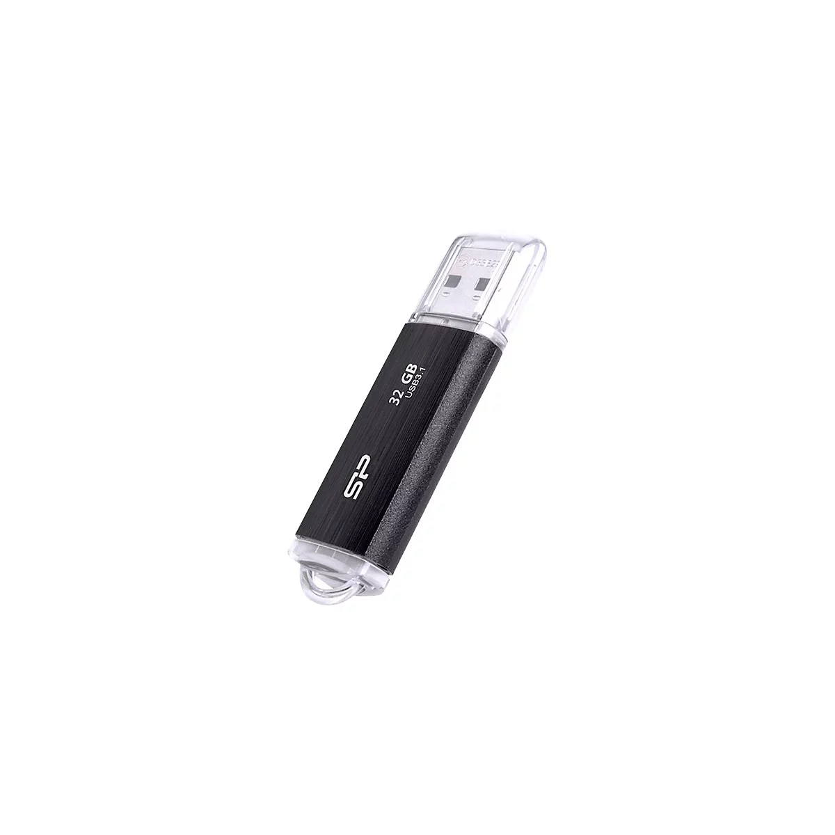 Schwarzer USB-Stick mit silbernem SP-Logo, 32 GB, USB3.1, transparenter Kappe und Aufhängung.