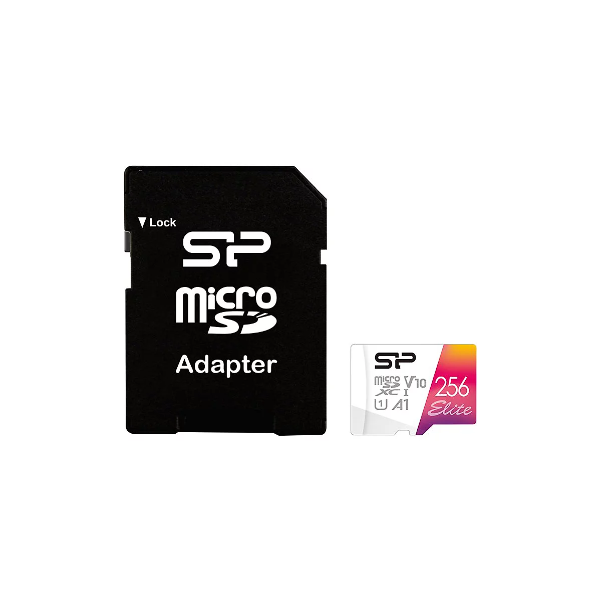 Schwarzer SD-Adapter und Micro-SD-Karte. Beide mit dem SP-Logo. Micro-SD-Karte mit Aufdruck "256 Elite".