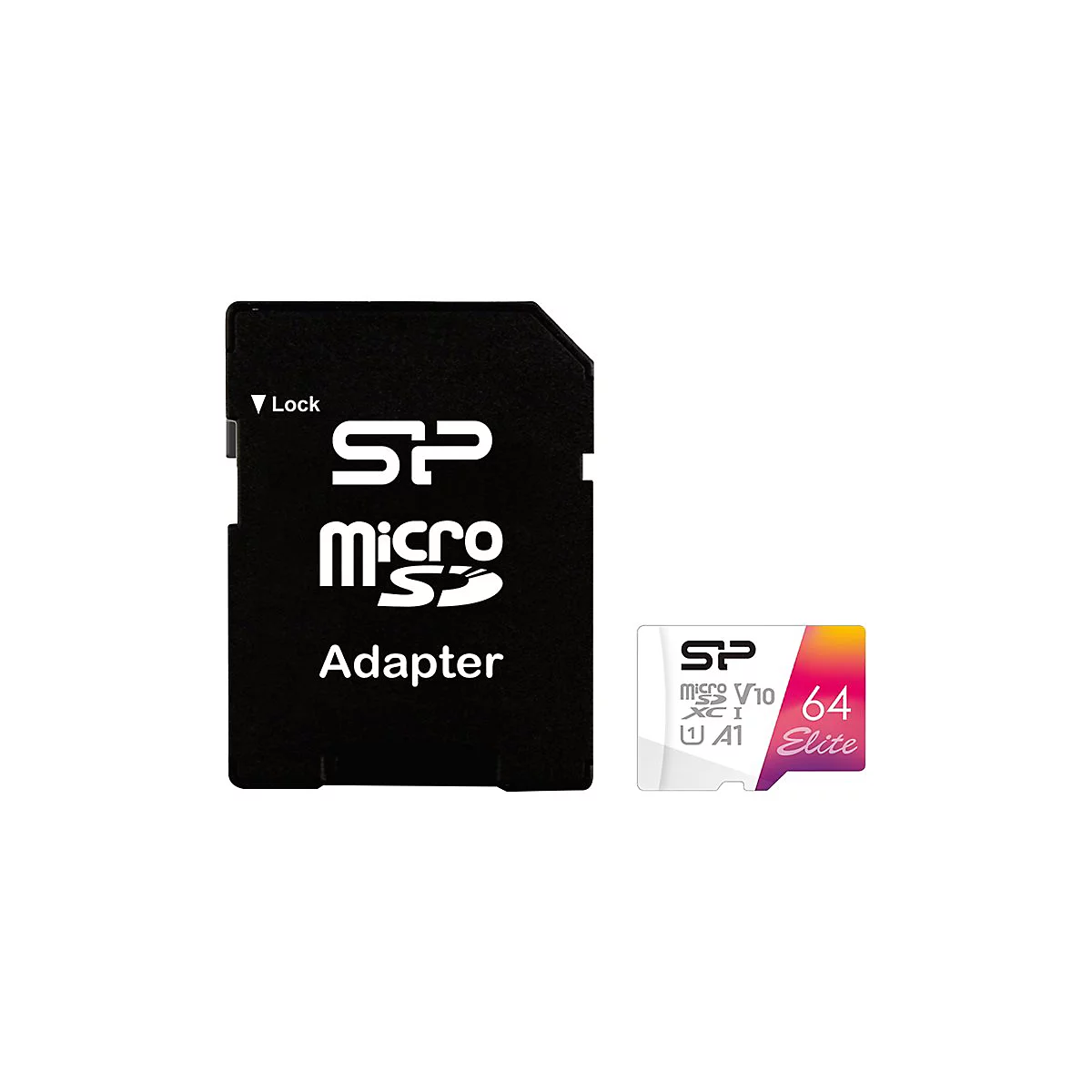 Schwarzer SD-Adapter und Micro-SD-Karte. Aufschrift: SP, Micro-SD, Adapter. Micro-SD: SP, 64 Elite.