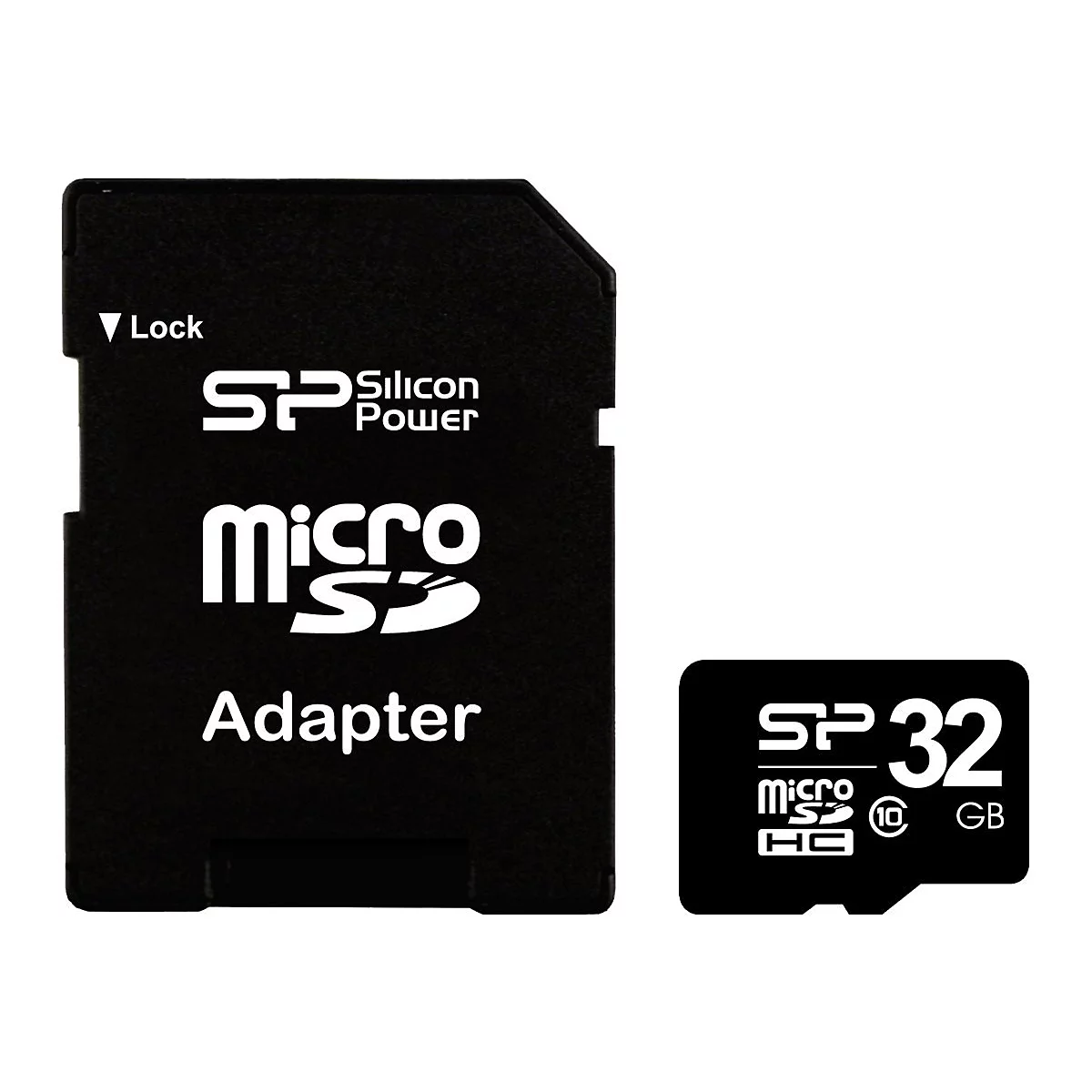 Schwarzer SD-Karten Adapter mit weißem Schriftzug: SP Silicon Power, Micro SD Adapter und 32 GB. Der Adapter hat einen Lock-Schalter.