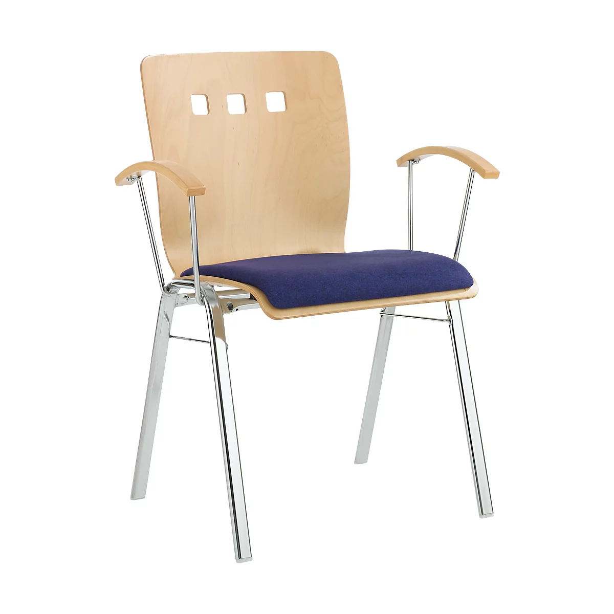 Silla apilable 7450, asiento moldeado, apoyo lumbar, perforaciones de diseño, con reposabrazos, tapizado Kashmara, azul