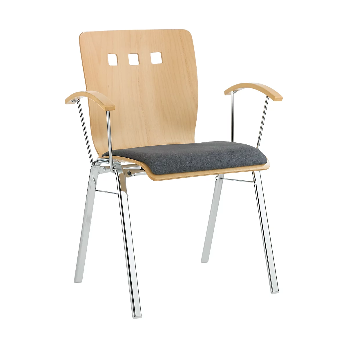 Silla apilable 7450, asiento moldeado, apoyo lumbar, perforaciones de diseño, con reposabrazos, tapizado Kashmara, gris