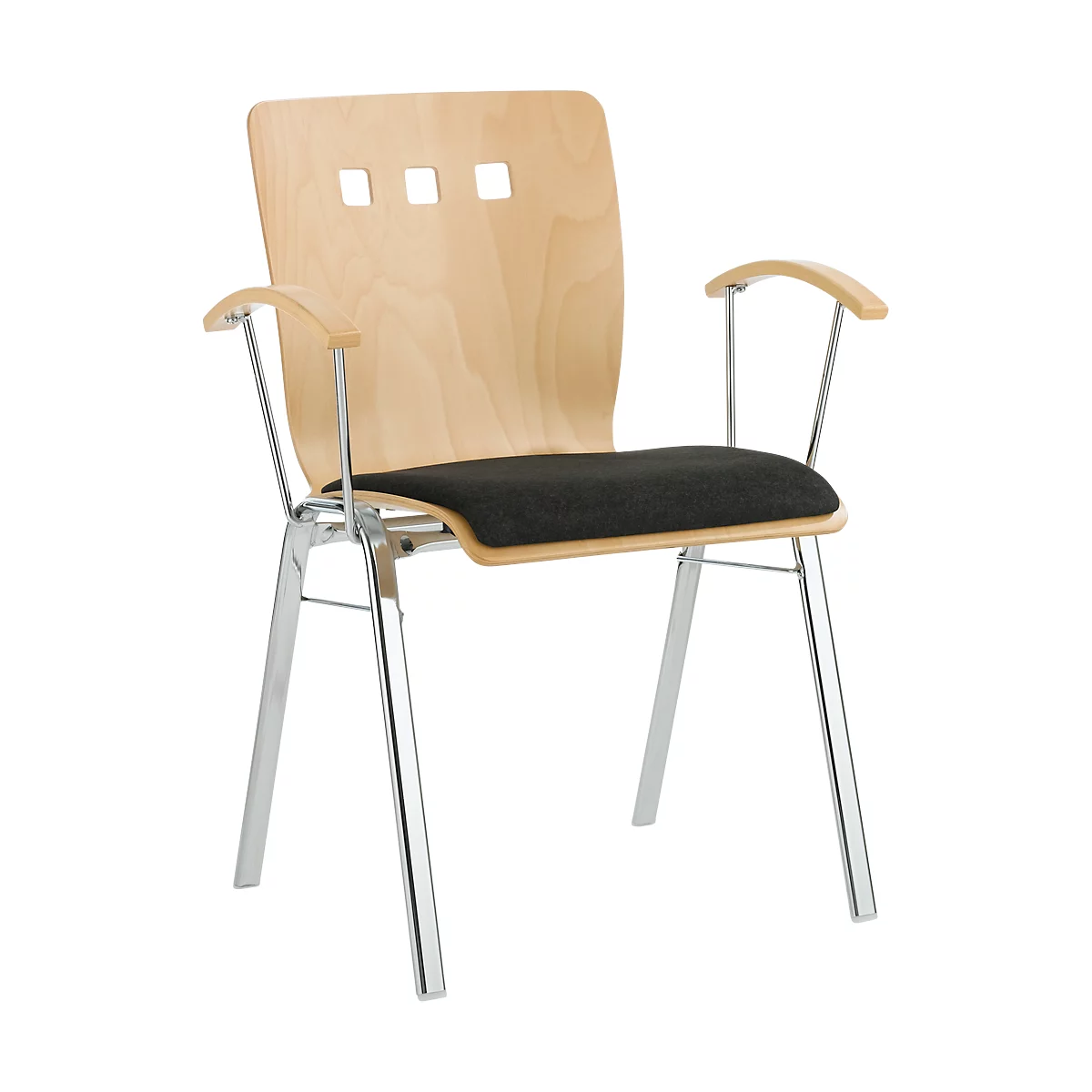 Silla apilable 7450, asiento moldeado, apoyo lumbar, perforaciones de diseño, con reposabrazos, tapizado Kashmara, negro