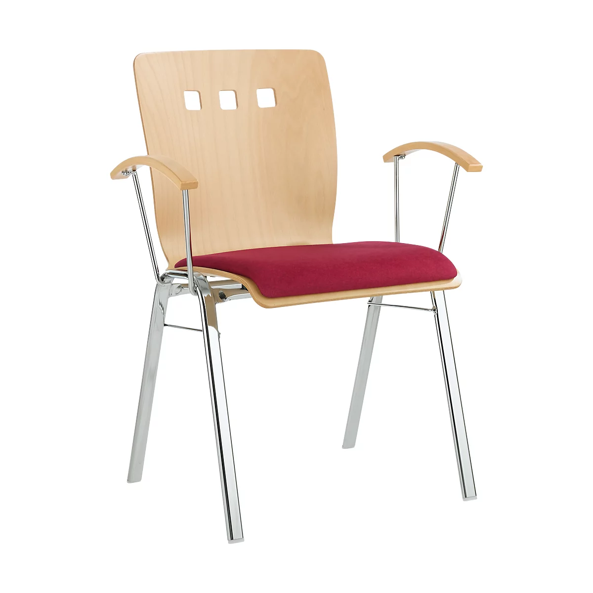 Silla apilable 7450, asiento moldeado, apoyo lumbar, perforaciones de diseño, con reposabrazos, tapizado Kashmara, rojo oscuro